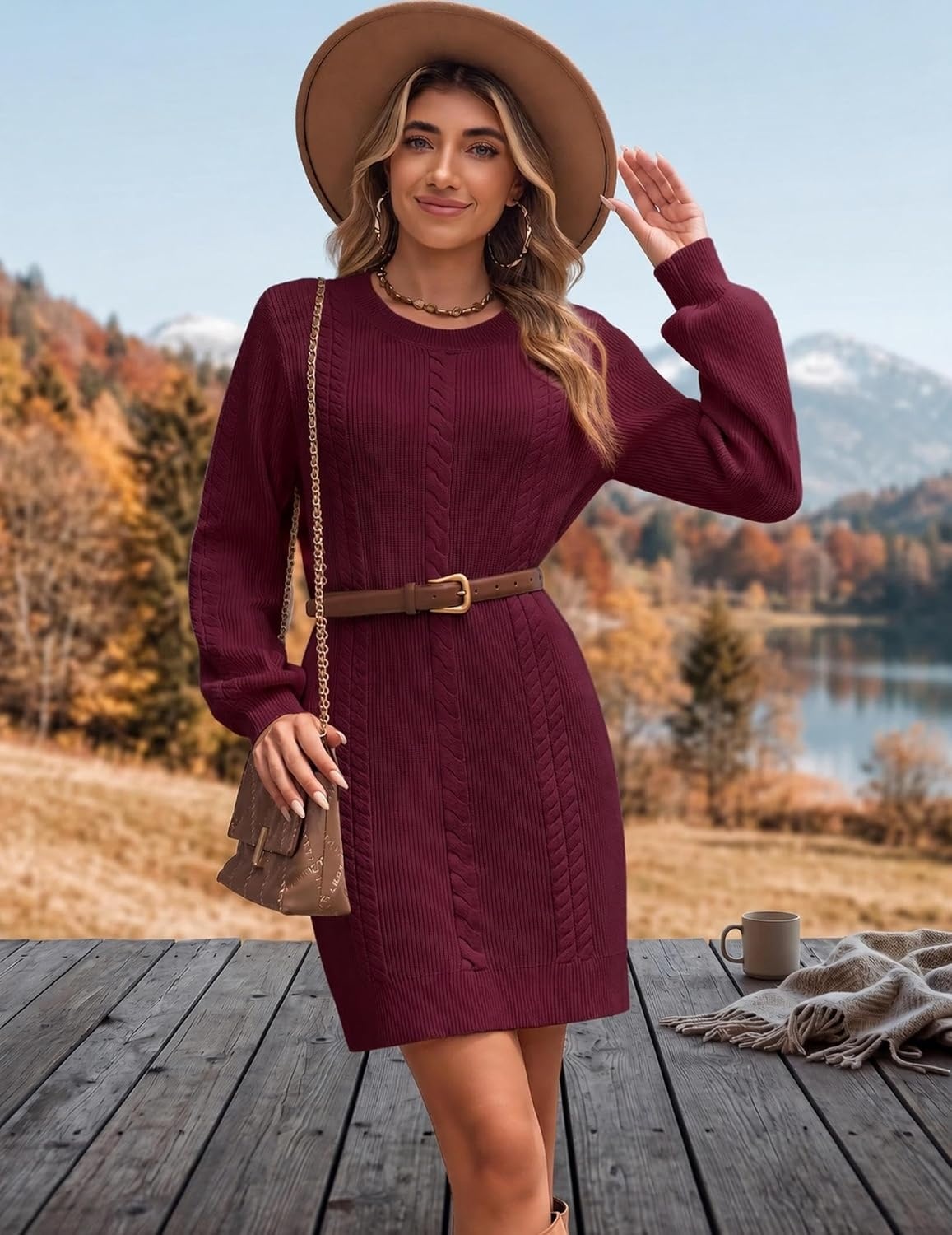 image:imageZeagoo Sweater Dresses for Women 2026 Fall Winter Long Sleeve Bodycon DressDark Red