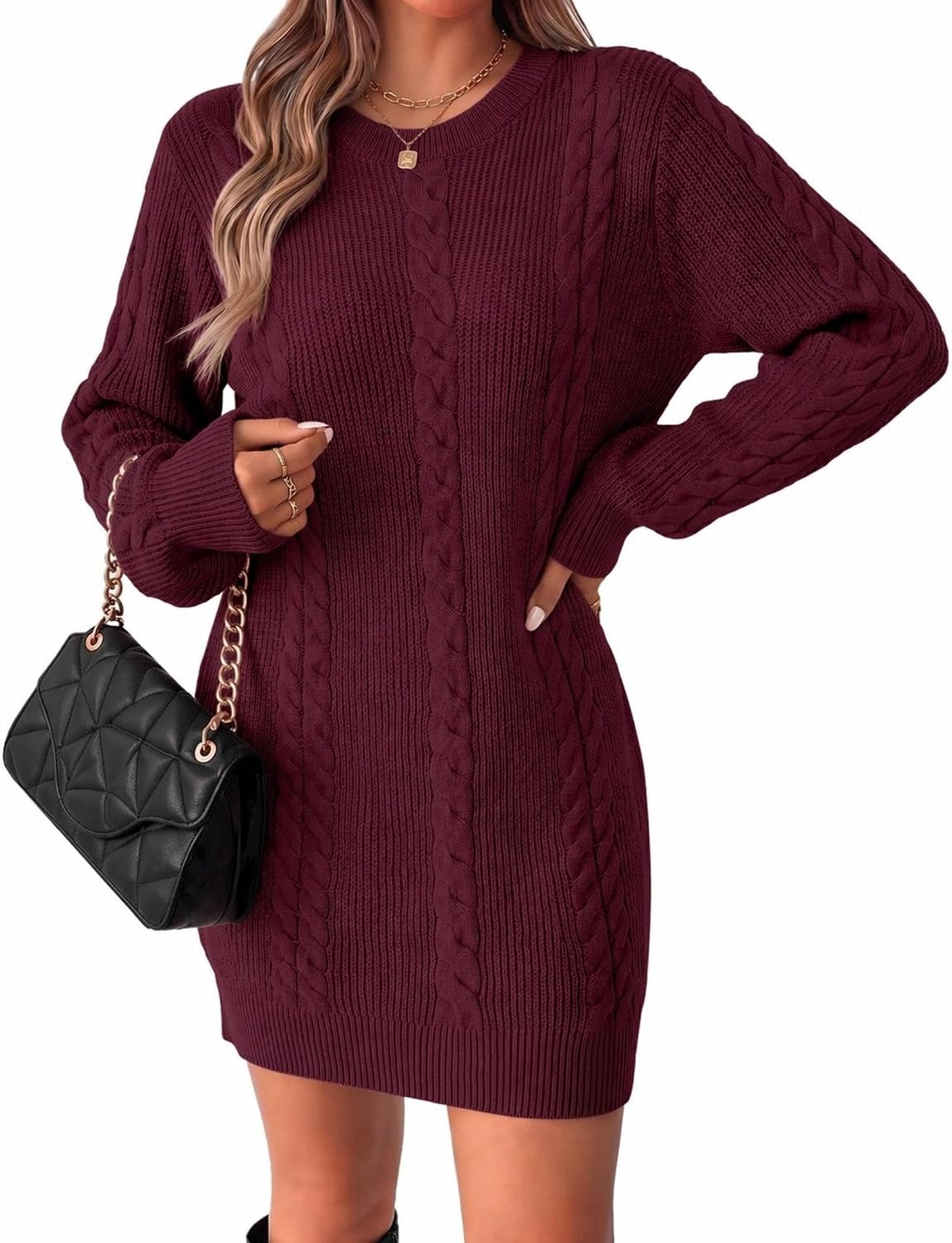 image:imageZeagoo Sweater Dresses for Women 2026 Fall Winter Long Sleeve Bodycon DressDark Red