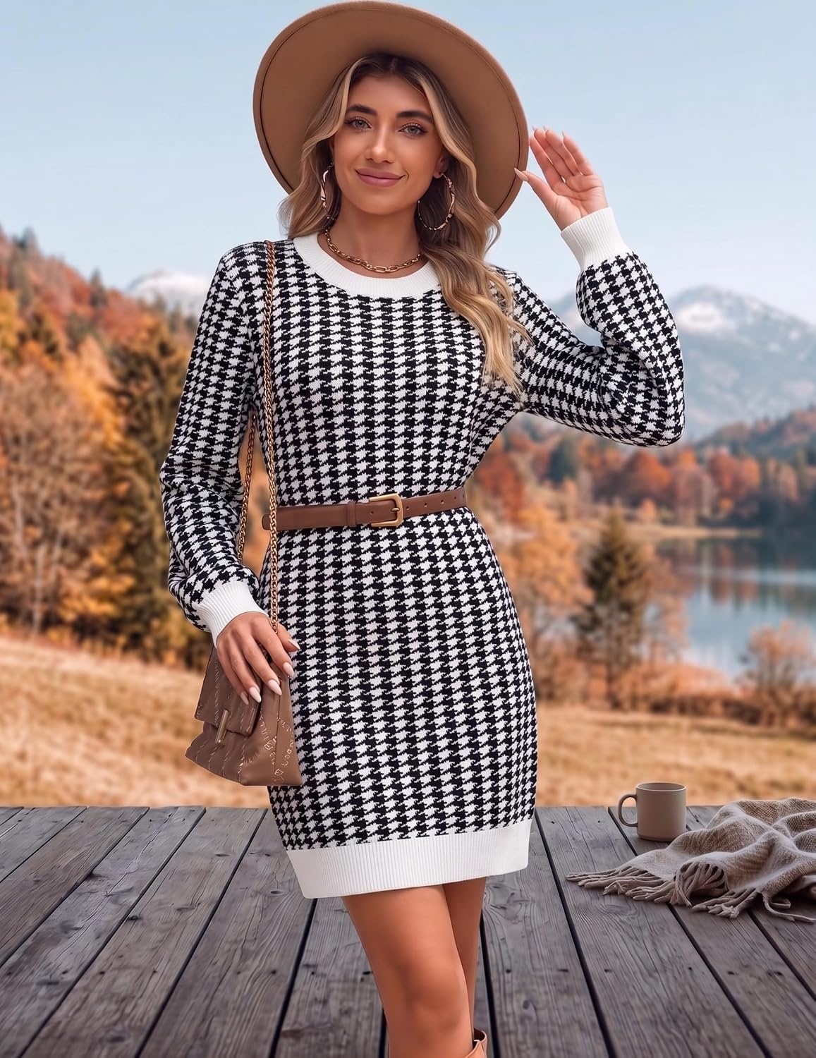 image:imageZeagoo Sweater Dresses for Women 2026 Fall Winter Long Sleeve Bodycon DressHoundstooth