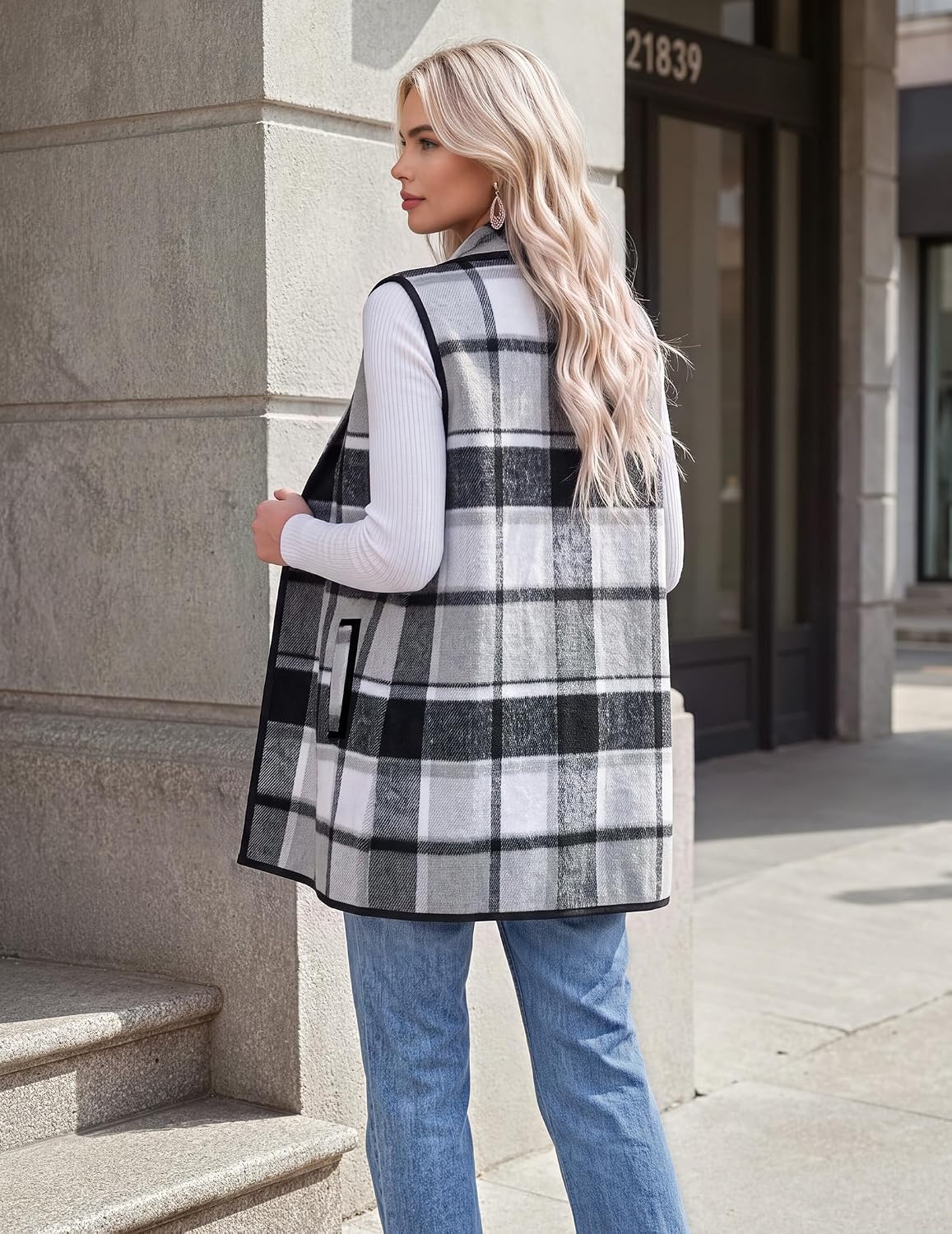 image:imageZeagoo Women Vest Long Plaid Jackets Sleeveless Flannel Coats with PocketsBlackgz800
