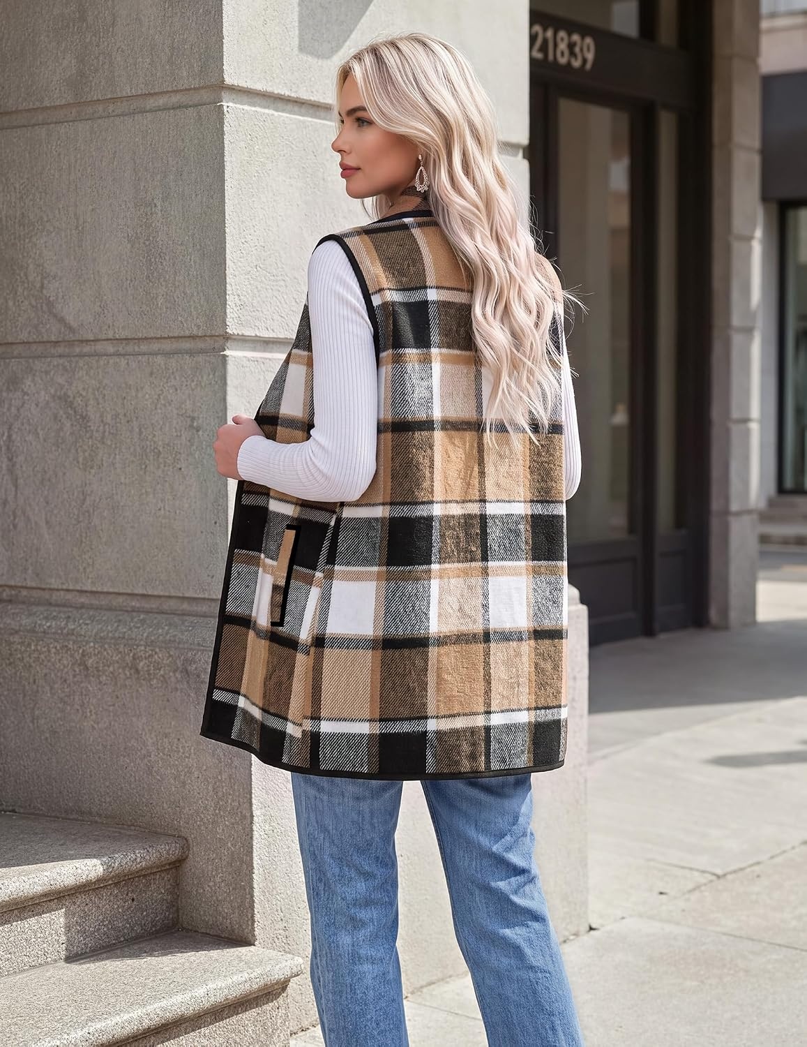 image:imageZeagoo Women Vest Long Plaid Jackets Sleeveless Flannel Coats with PocketsBrowngz794