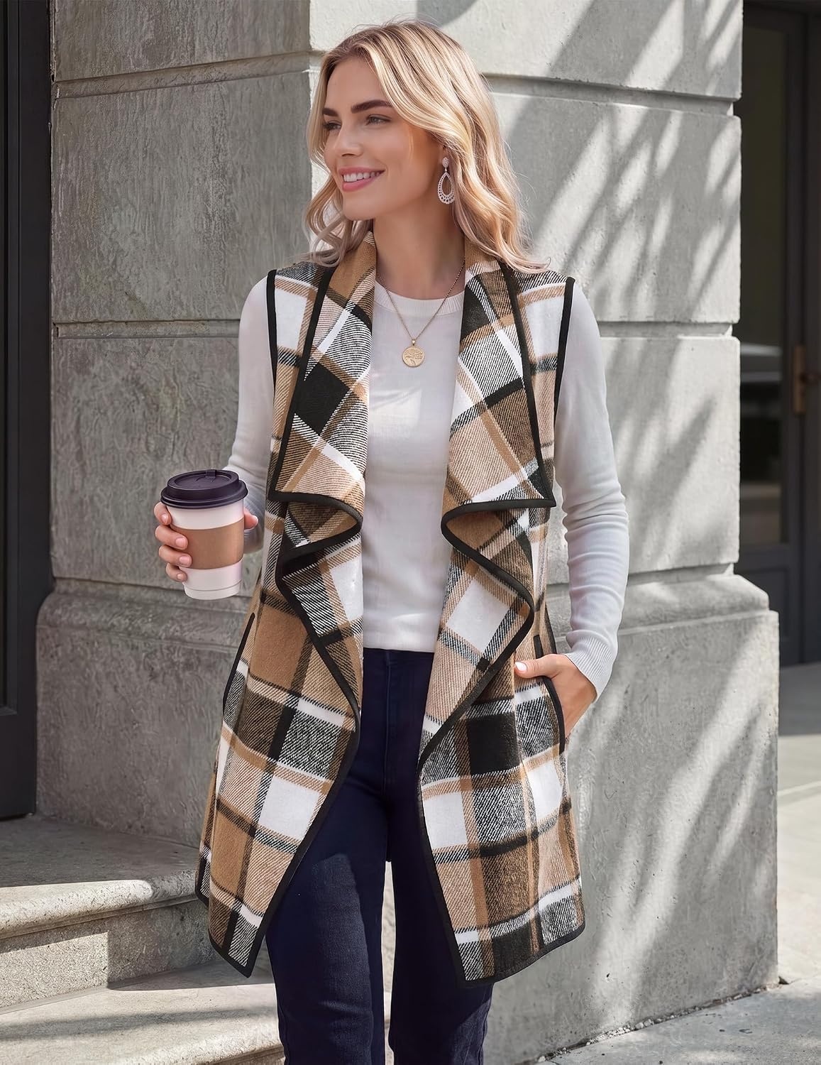 image:imageZeagoo Women Vest Long Plaid Jackets Sleeveless Flannel Coats with PocketsBrowngz794