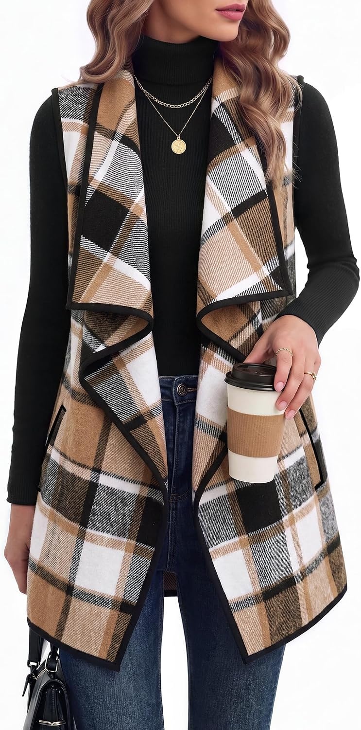 image:imageZeagoo Women Vest Long Plaid Jackets Sleeveless Flannel Coats with PocketsBrowngz794