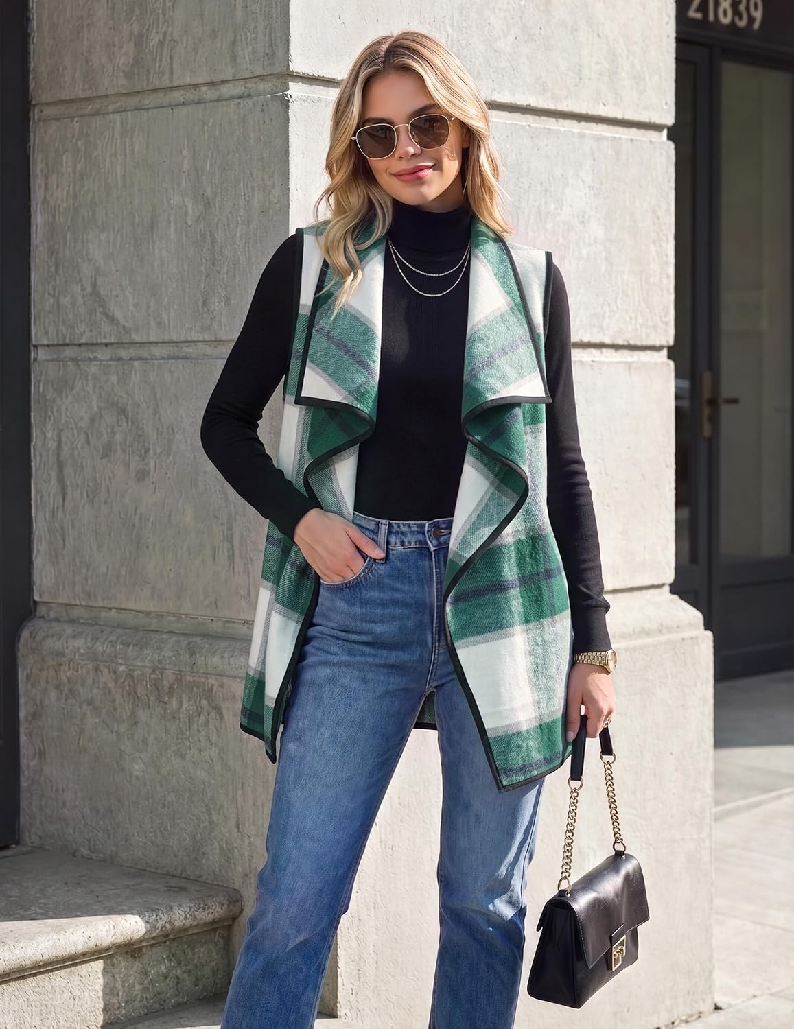 image:imageZeagoo Women Vest Long Plaid Jackets Sleeveless Flannel Coats with PocketsGreengz541