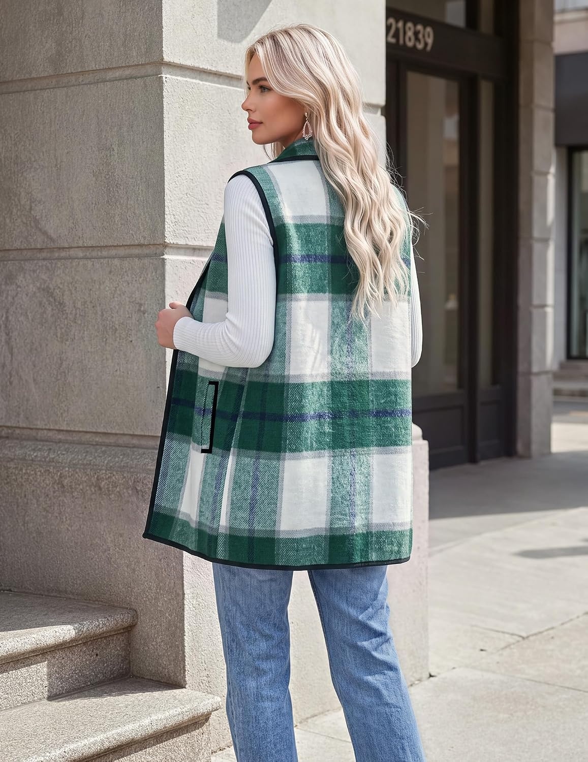 image:imageZeagoo Women Vest Long Plaid Jackets Sleeveless Flannel Coats with PocketsGreengz541