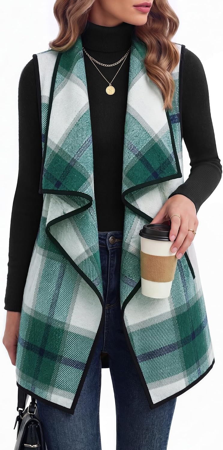 image:imageZeagoo Women Vest Long Plaid Jackets Sleeveless Flannel Coats with PocketsGreengz541