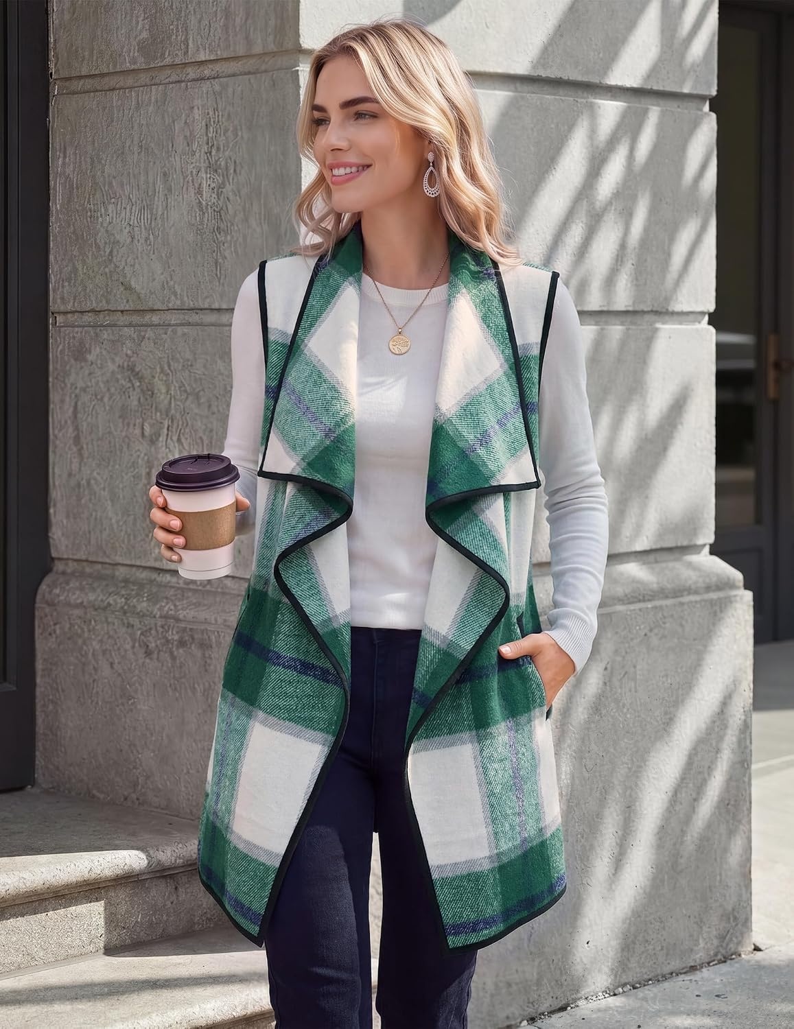 image:imageZeagoo Women Vest Long Plaid Jackets Sleeveless Flannel Coats with PocketsGreengz541