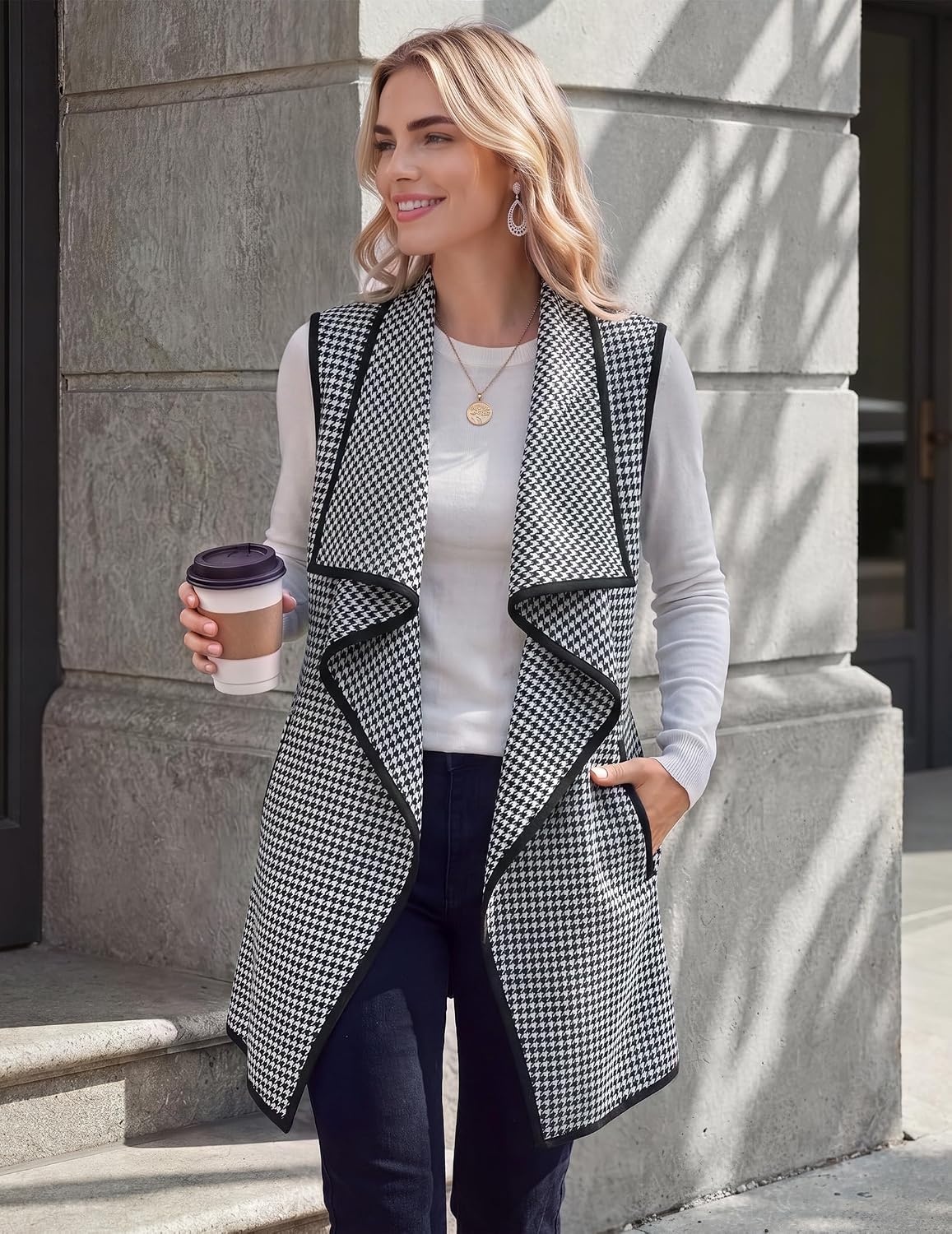 image:imageZeagoo Women Vest Long Plaid Jackets Sleeveless Flannel Coats with PocketsHoundstoothjh275