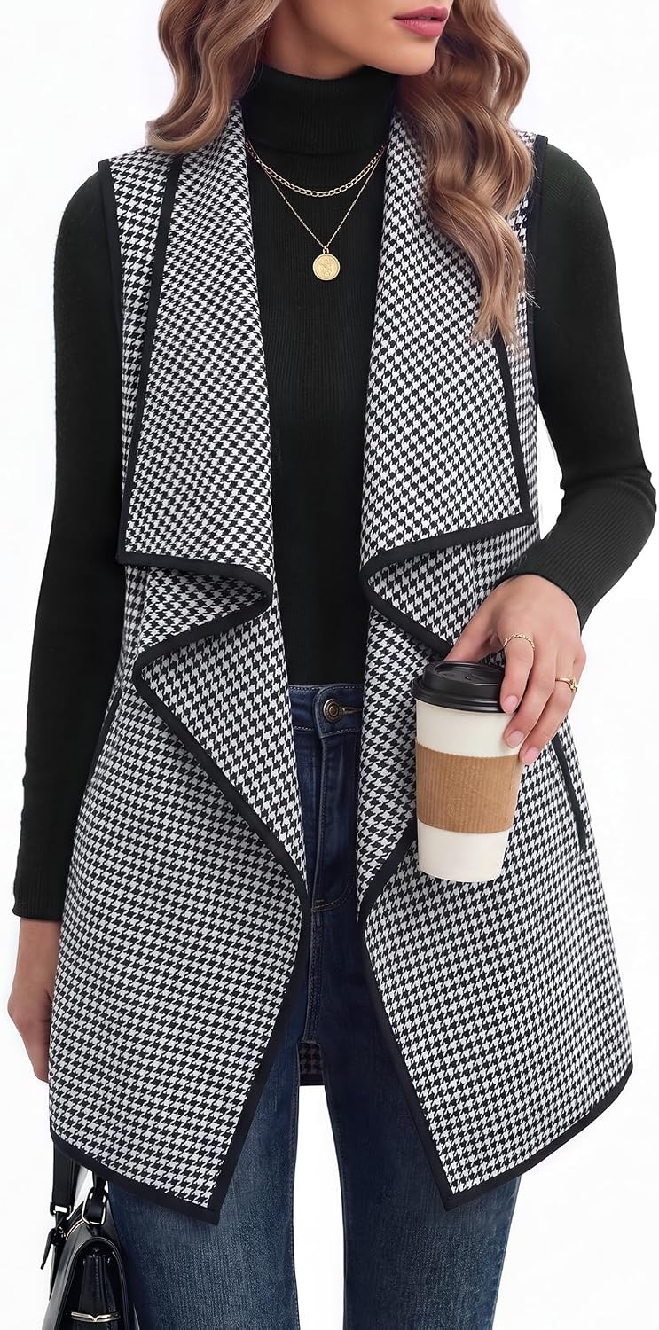 image:imageZeagoo Women Vest Long Plaid Jackets Sleeveless Flannel Coats with PocketsHoundstoothjh275