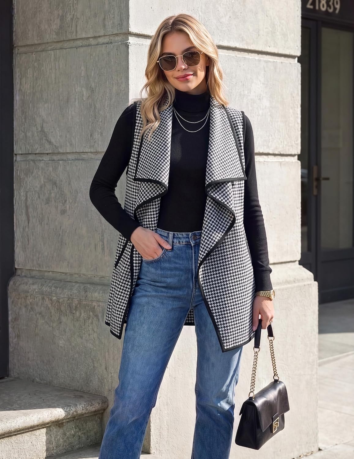 image:imageZeagoo Women Vest Long Plaid Jackets Sleeveless Flannel Coats with PocketsHoundstoothjh275