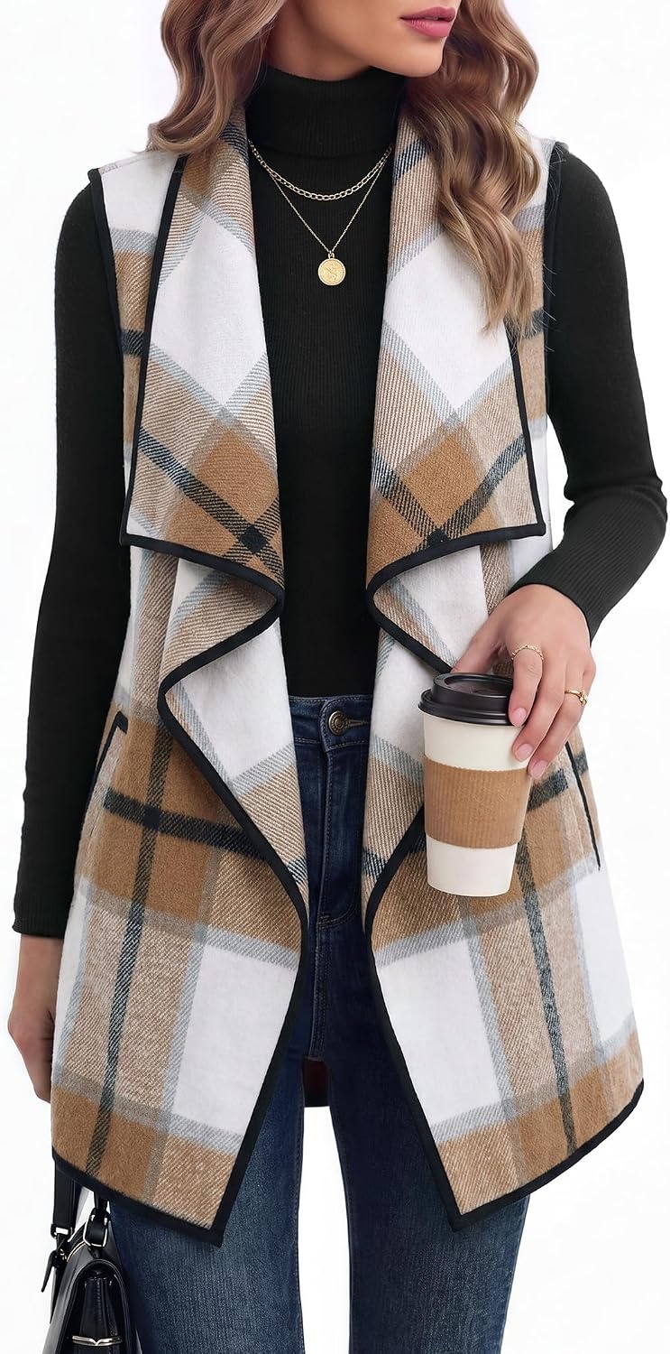 image:imageZeagoo Women Vest Long Plaid Jackets Sleeveless Flannel Coats with PocketsKhakigz554