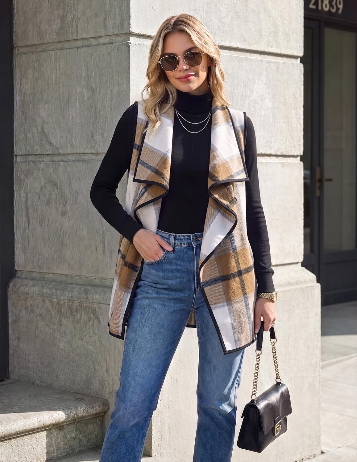 image:imageZeagoo Women Vest Long Plaid Jackets Sleeveless Flannel Coats with PocketsKhakigz554