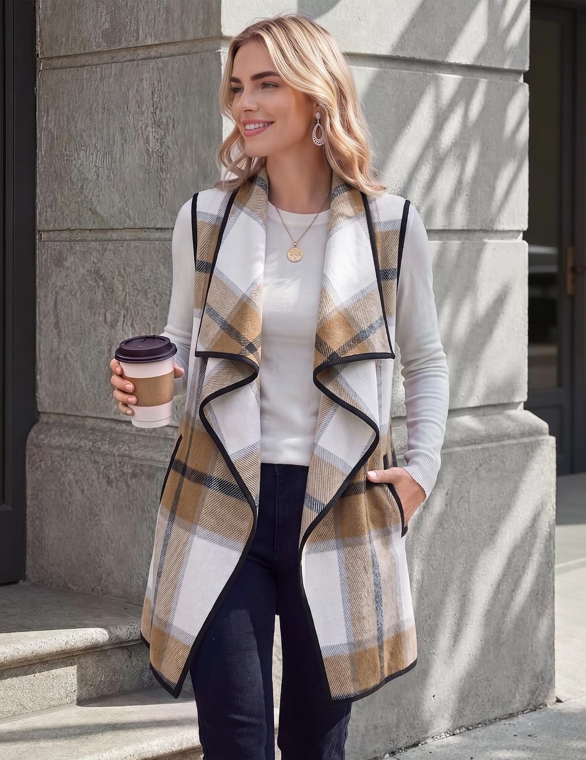 image:imageZeagoo Women Vest Long Plaid Jackets Sleeveless Flannel Coats with PocketsKhakigz554
