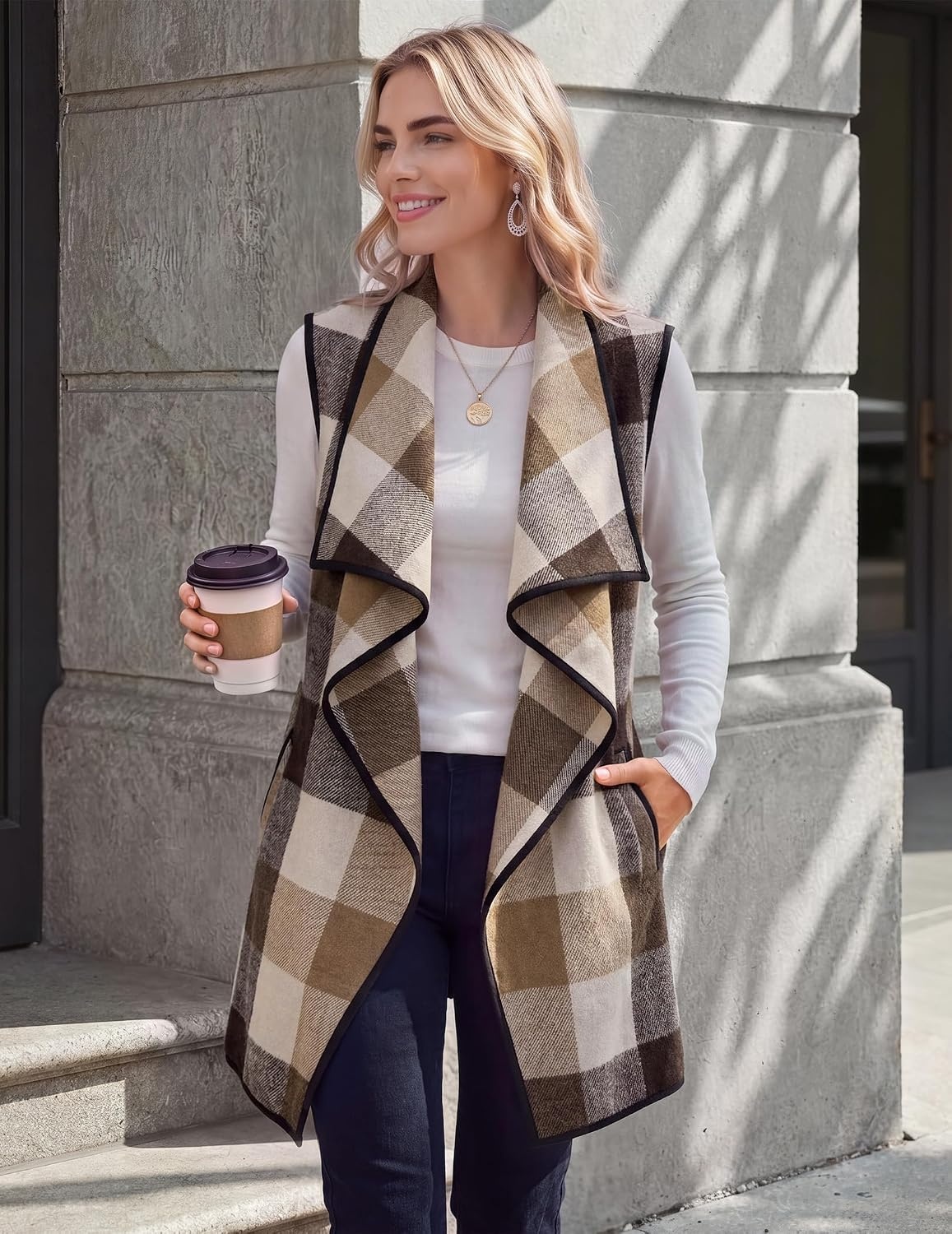 image:imageZeagoo Women Vest Long Plaid Jackets Sleeveless Flannel Coats with PocketsKhakigz798