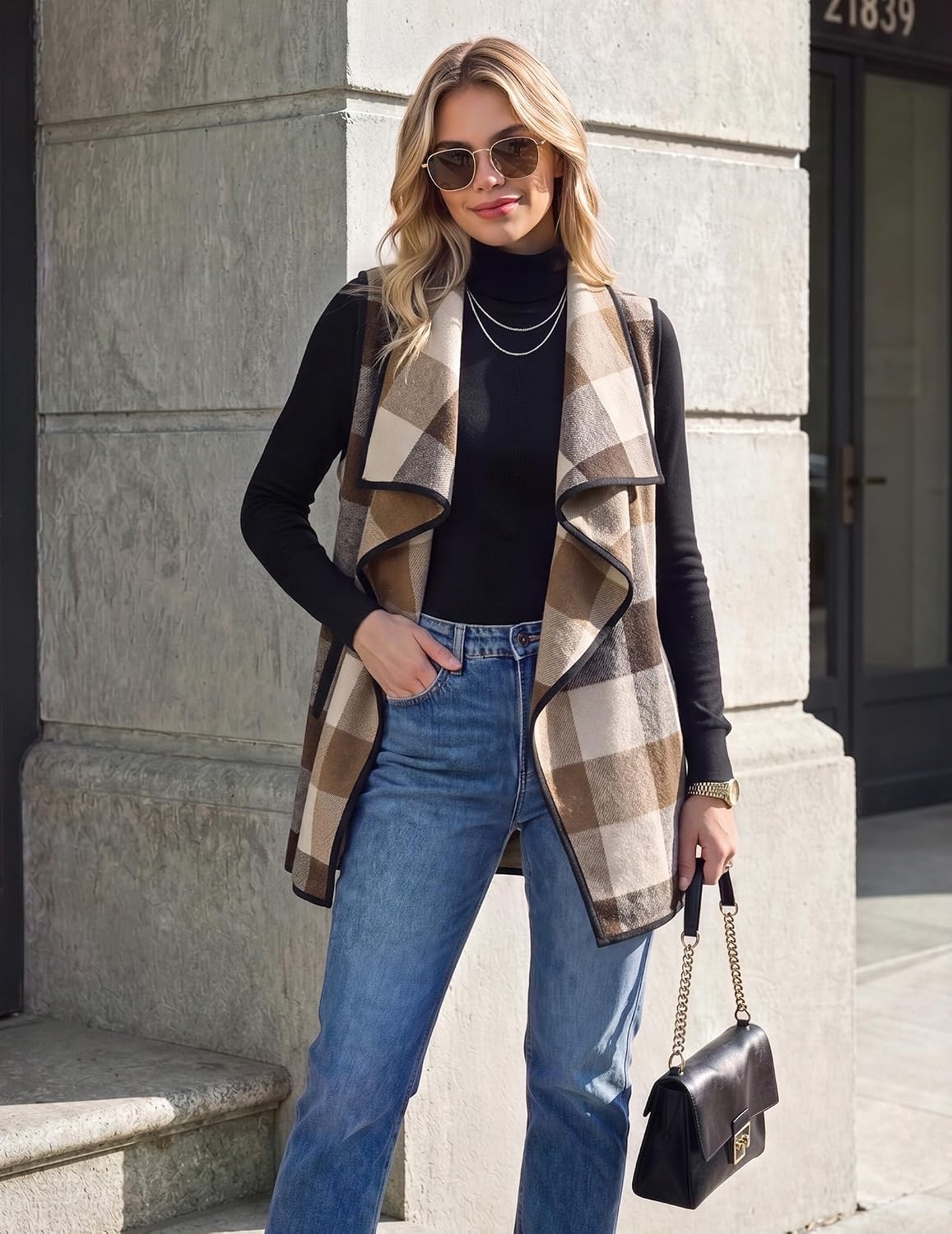 image:imageZeagoo Women Vest Long Plaid Jackets Sleeveless Flannel Coats with PocketsKhakigz798