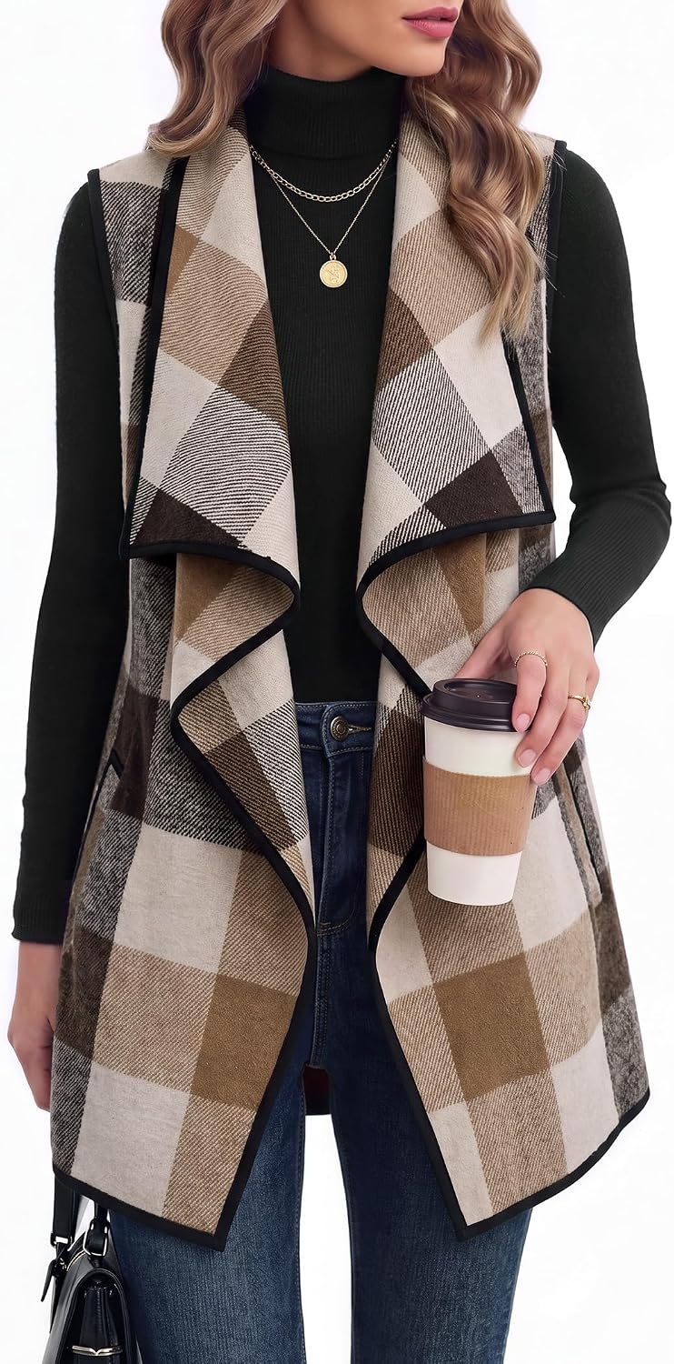image:imageZeagoo Women Vest Long Plaid Jackets Sleeveless Flannel Coats with PocketsKhakigz798