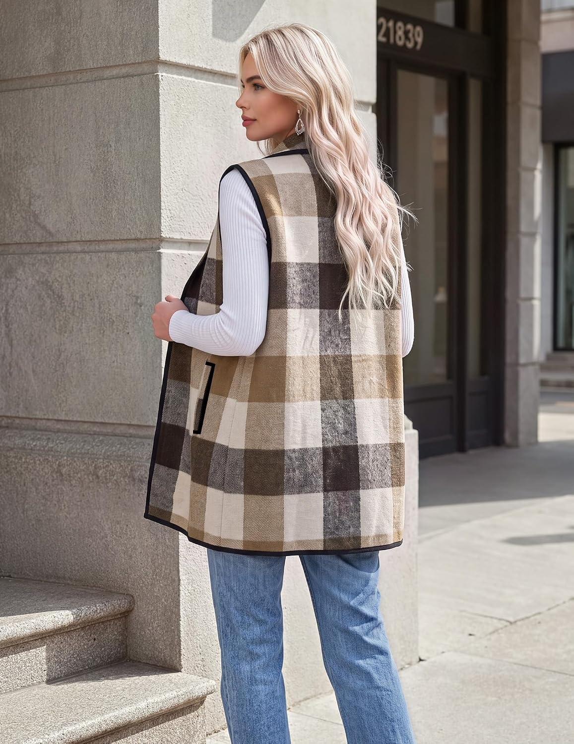 image:imageZeagoo Women Vest Long Plaid Jackets Sleeveless Flannel Coats with PocketsKhakigz798