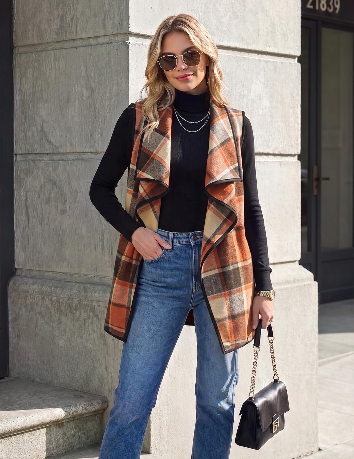 image:imageZeagoo Women Vest Long Plaid Jackets Sleeveless Flannel Coats with PocketsOrangegz526