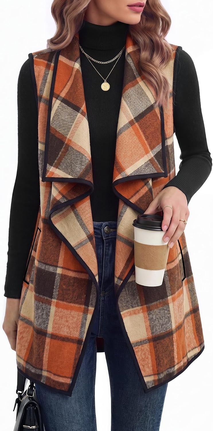image:imageZeagoo Women Vest Long Plaid Jackets Sleeveless Flannel Coats with PocketsOrangegz526