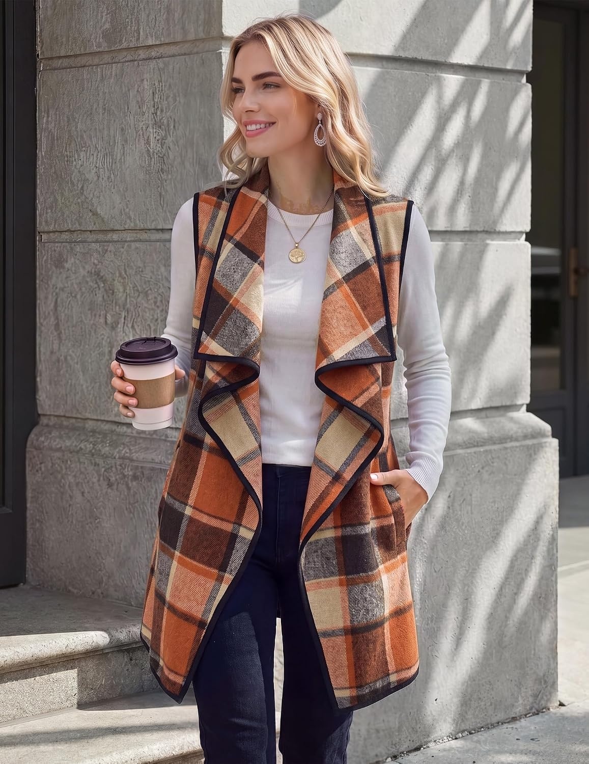 image:imageZeagoo Women Vest Long Plaid Jackets Sleeveless Flannel Coats with PocketsOrangegz526