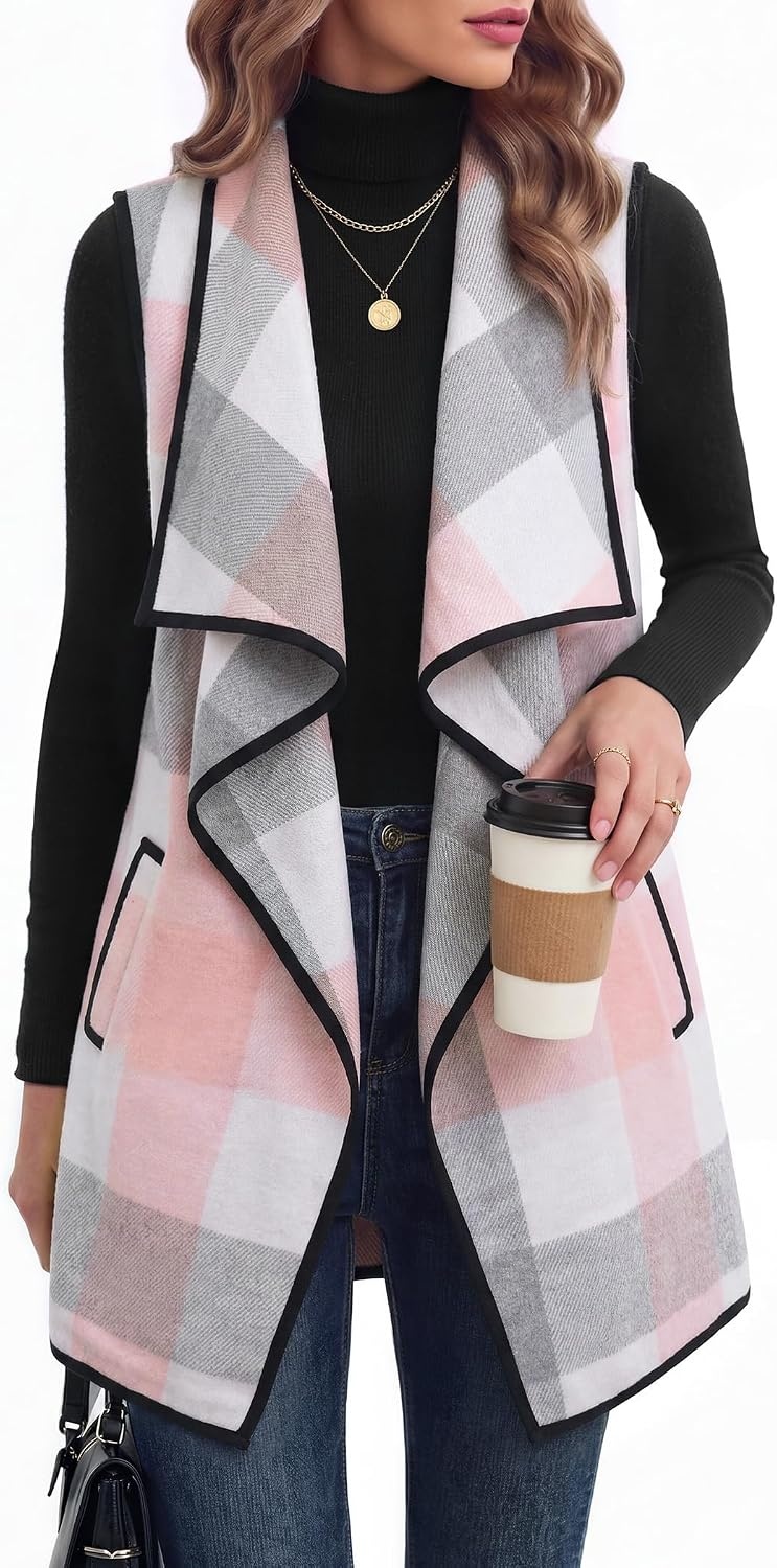 image:imageZeagoo Women Vest Long Plaid Jackets Sleeveless Flannel Coats with PocketsPinkgz799