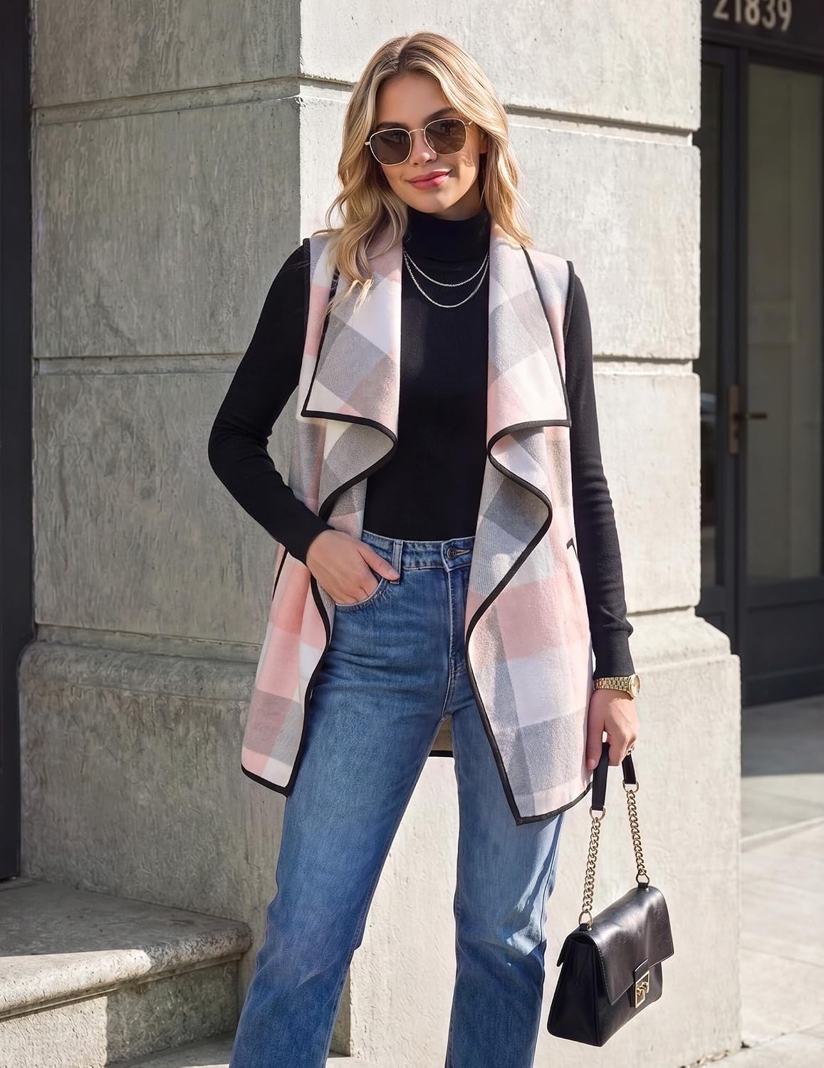 image:imageZeagoo Women Vest Long Plaid Jackets Sleeveless Flannel Coats with PocketsPinkgz799