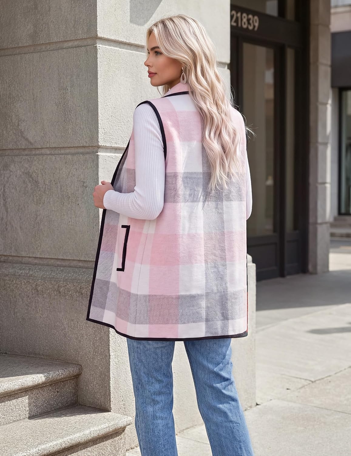 image:imageZeagoo Women Vest Long Plaid Jackets Sleeveless Flannel Coats with PocketsPinkgz799