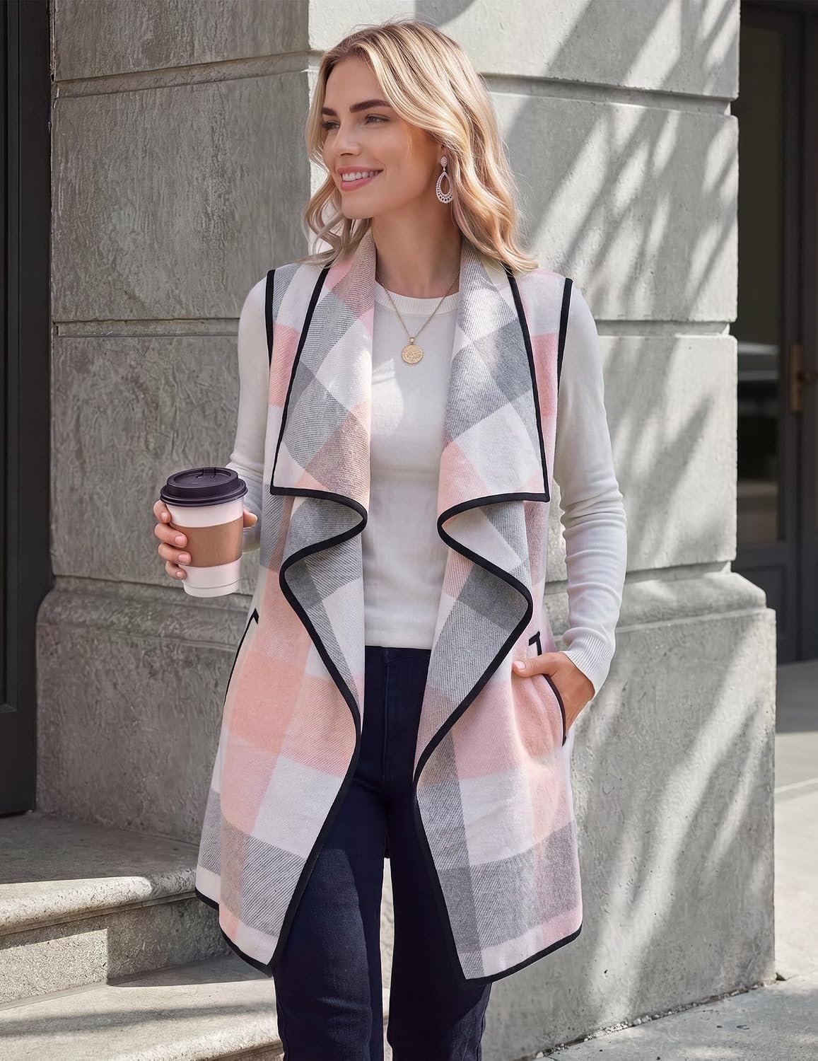 image:imageZeagoo Women Vest Long Plaid Jackets Sleeveless Flannel Coats with PocketsPinkgz799
