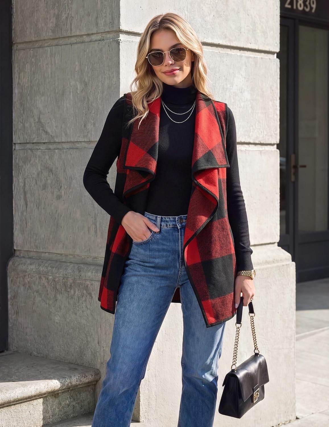 image:imageZeagoo Women Vest Long Plaid Jackets Sleeveless Flannel Coats with PocketsRedgw554