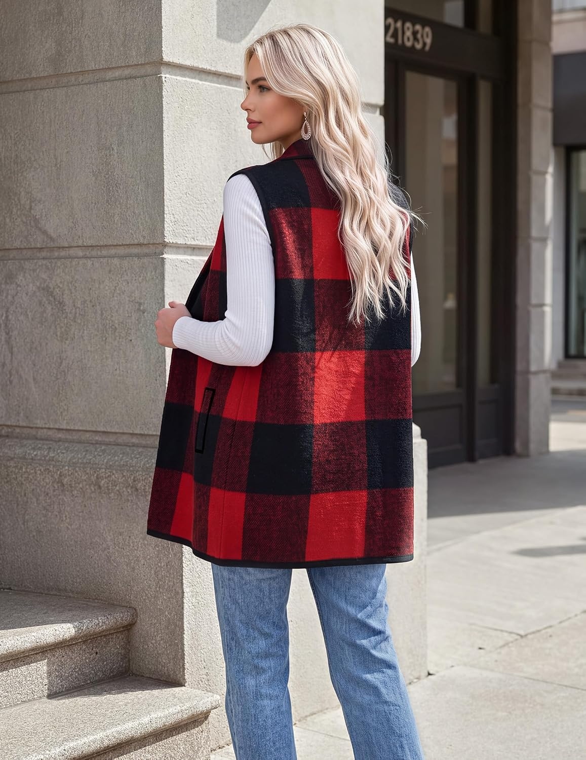 image:imageZeagoo Women Vest Long Plaid Jackets Sleeveless Flannel Coats with PocketsRedgw554