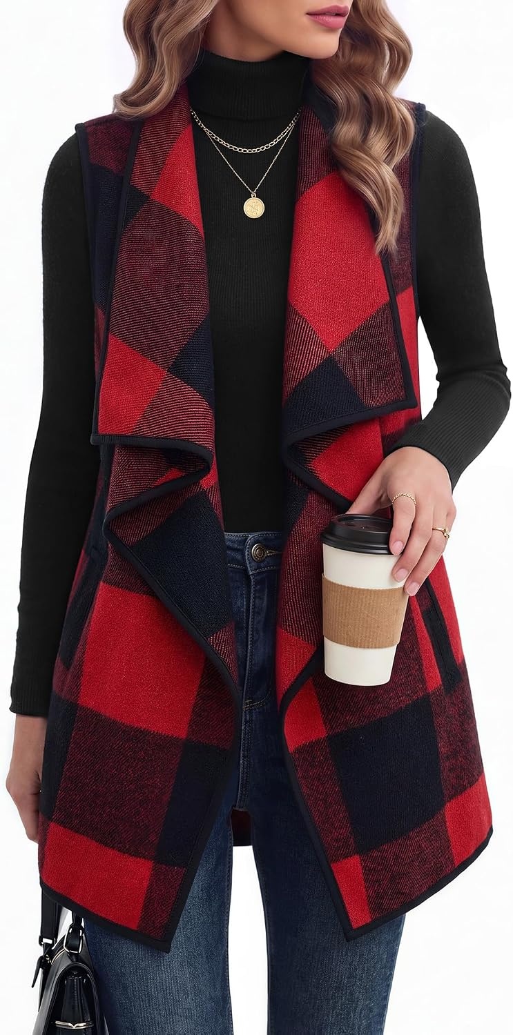 image:imageZeagoo Women Vest Long Plaid Jackets Sleeveless Flannel Coats with PocketsRedgw554