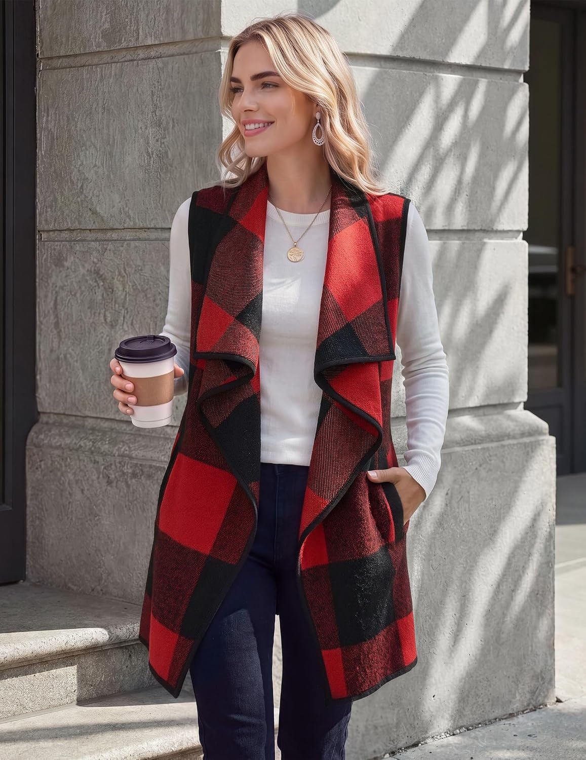 image:imageZeagoo Women Vest Long Plaid Jackets Sleeveless Flannel Coats with PocketsRedgw554