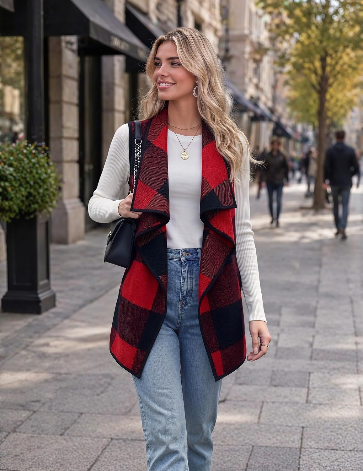image:imageZeagoo Women Vest Long Plaid Jackets Sleeveless Flannel Coats with PocketsRedgw554