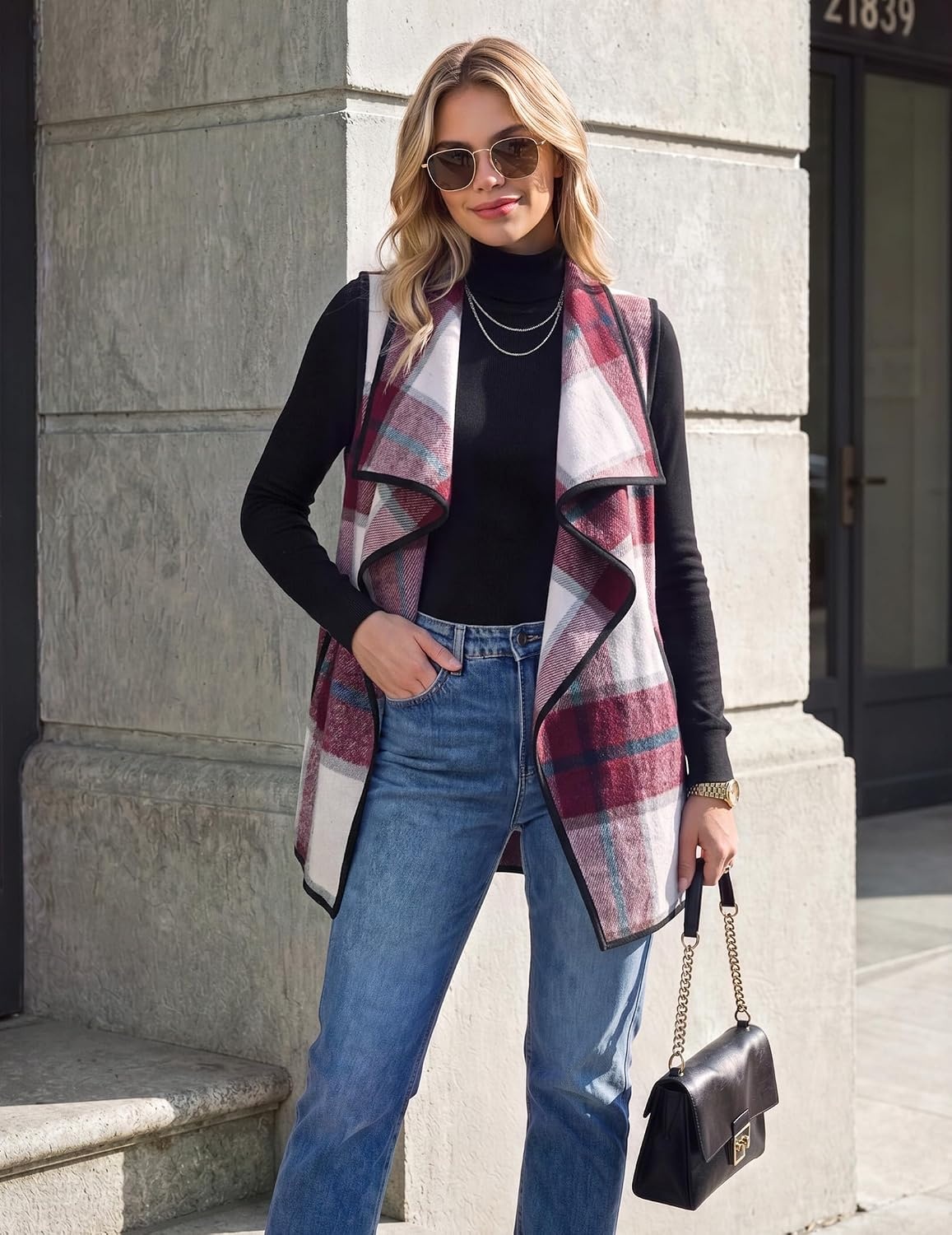 image:imageZeagoo Women Vest Long Plaid Jackets Sleeveless Flannel Coats with PocketsRedgz543