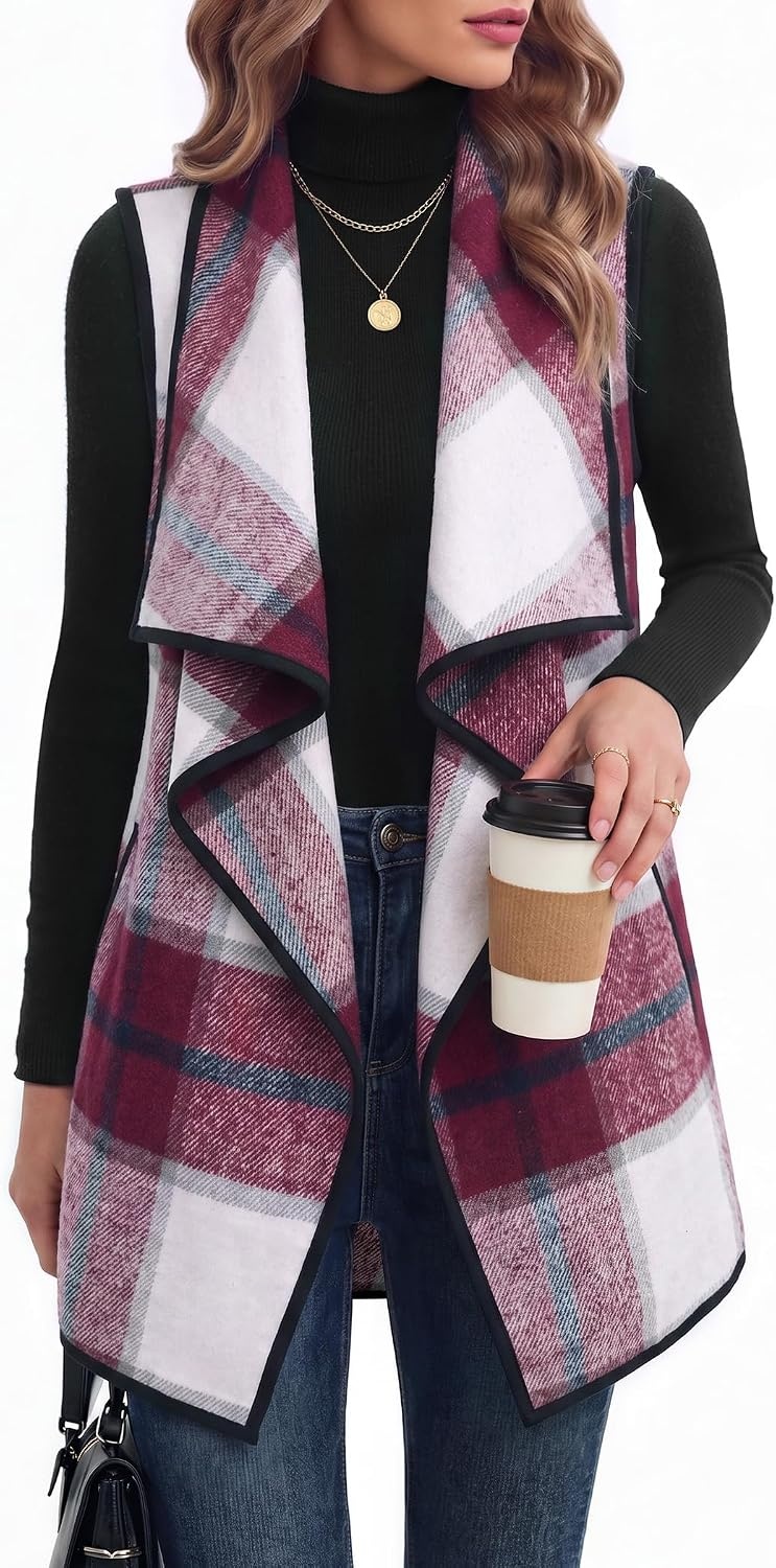 image:imageZeagoo Women Vest Long Plaid Jackets Sleeveless Flannel Coats with PocketsRedgz543
