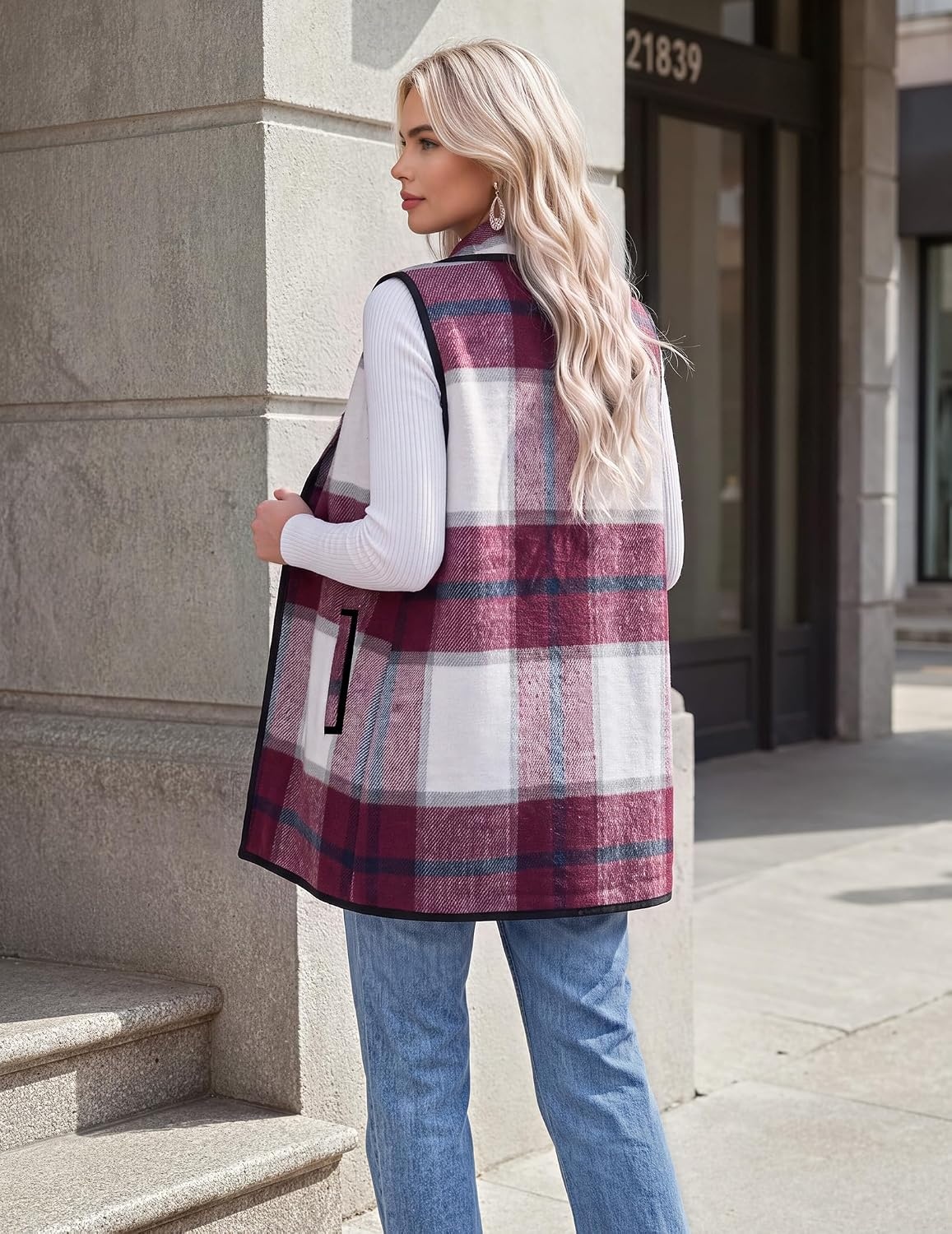 image:imageZeagoo Women Vest Long Plaid Jackets Sleeveless Flannel Coats with PocketsRedgz543
