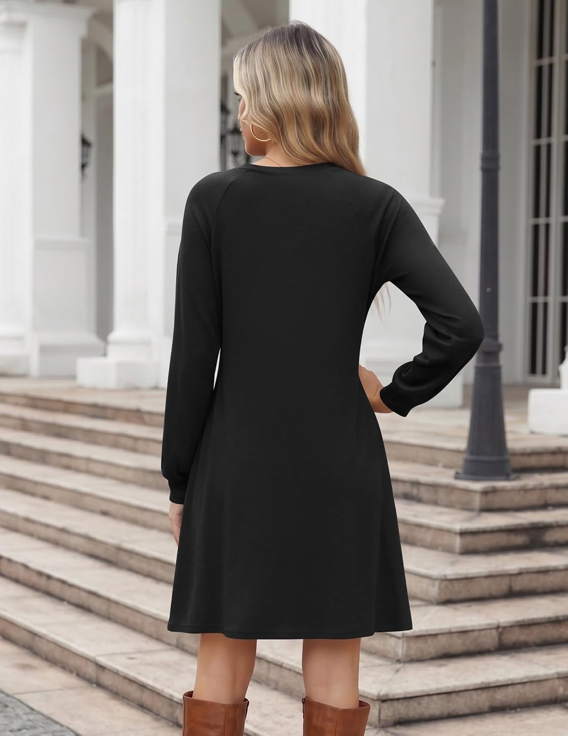 image:imageZeagoo Womens Long Sleeve Tunic Dress Side Button Crew Neck Casual Flowy Fall Winter ALine Dress with PocketsA01black