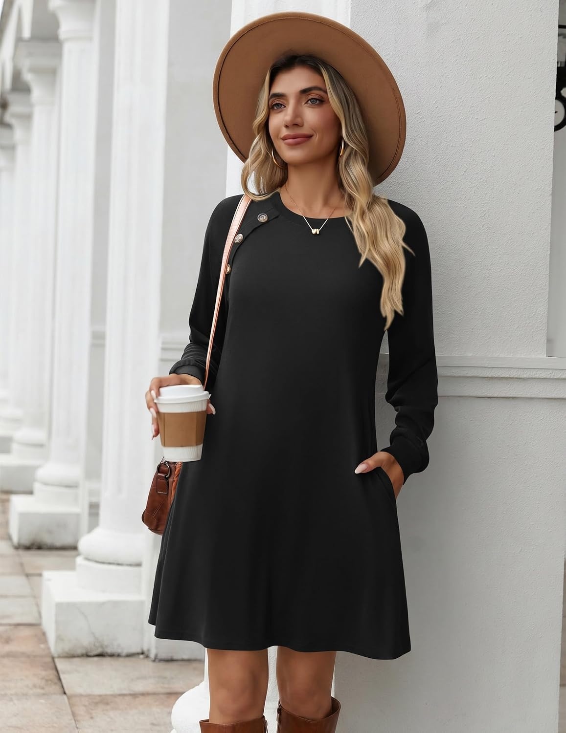 image:imageZeagoo Womens Long Sleeve Tunic Dress Side Button Crew Neck Casual Flowy Fall Winter ALine Dress with PocketsA01black