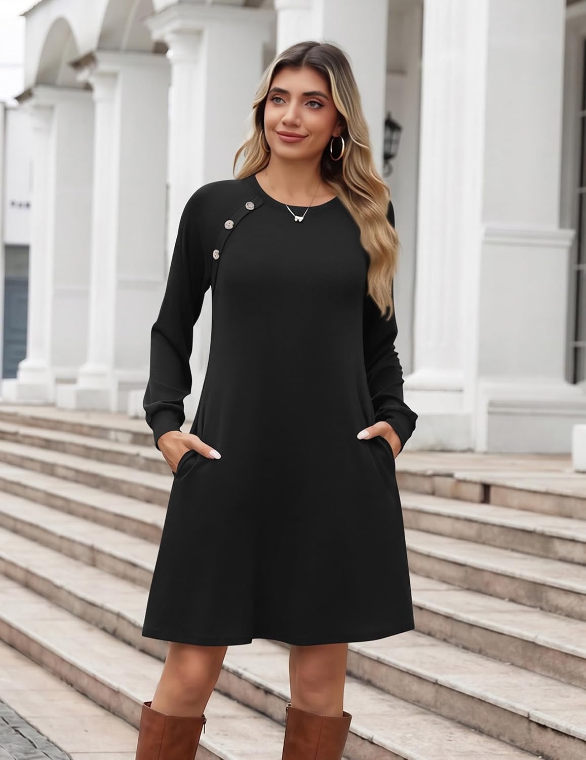 image:imageZeagoo Womens Long Sleeve Tunic Dress Side Button Crew Neck Casual Flowy Fall Winter ALine Dress with PocketsA01black