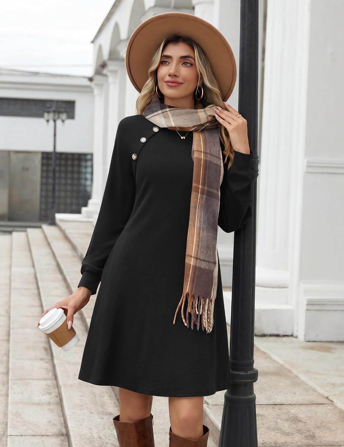 image:imageZeagoo Womens Long Sleeve Tunic Dress Side Button Crew Neck Casual Flowy Fall Winter ALine Dress with PocketsA01black
