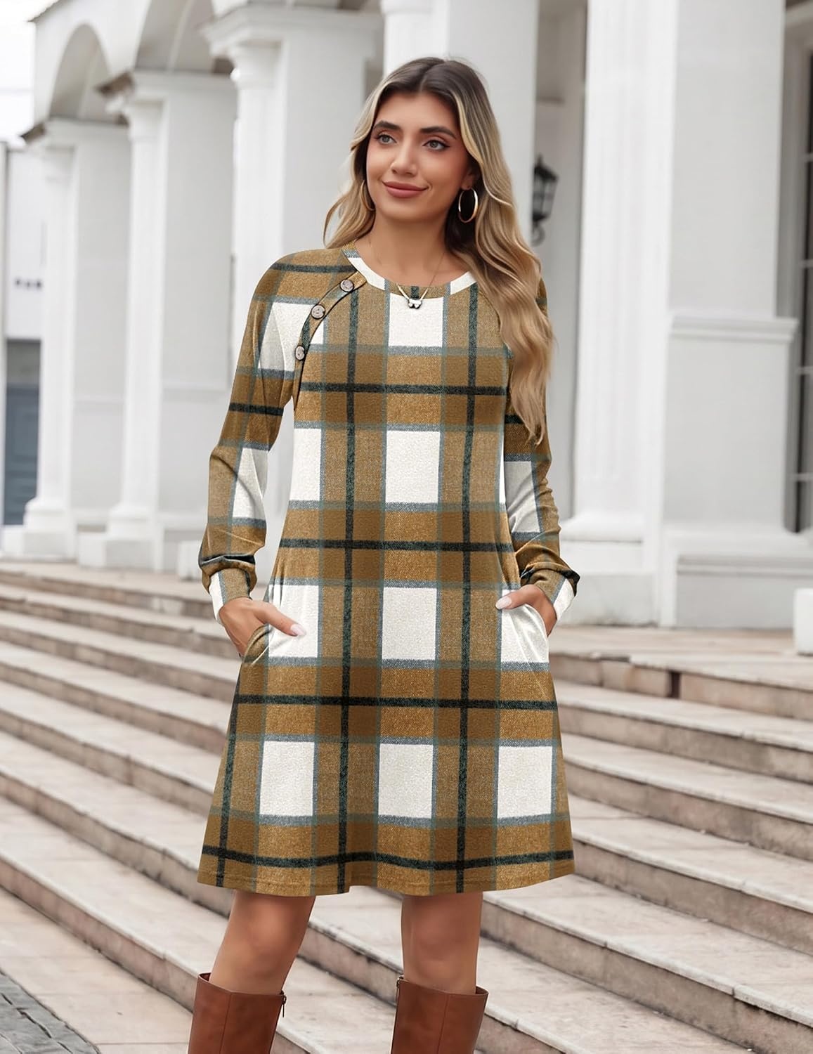 image:imageZeagoo Womens Long Sleeve Tunic Dress Side Button Crew Neck Casual Flowy Fall Winter ALine Dress with PocketsA02browm Plaid