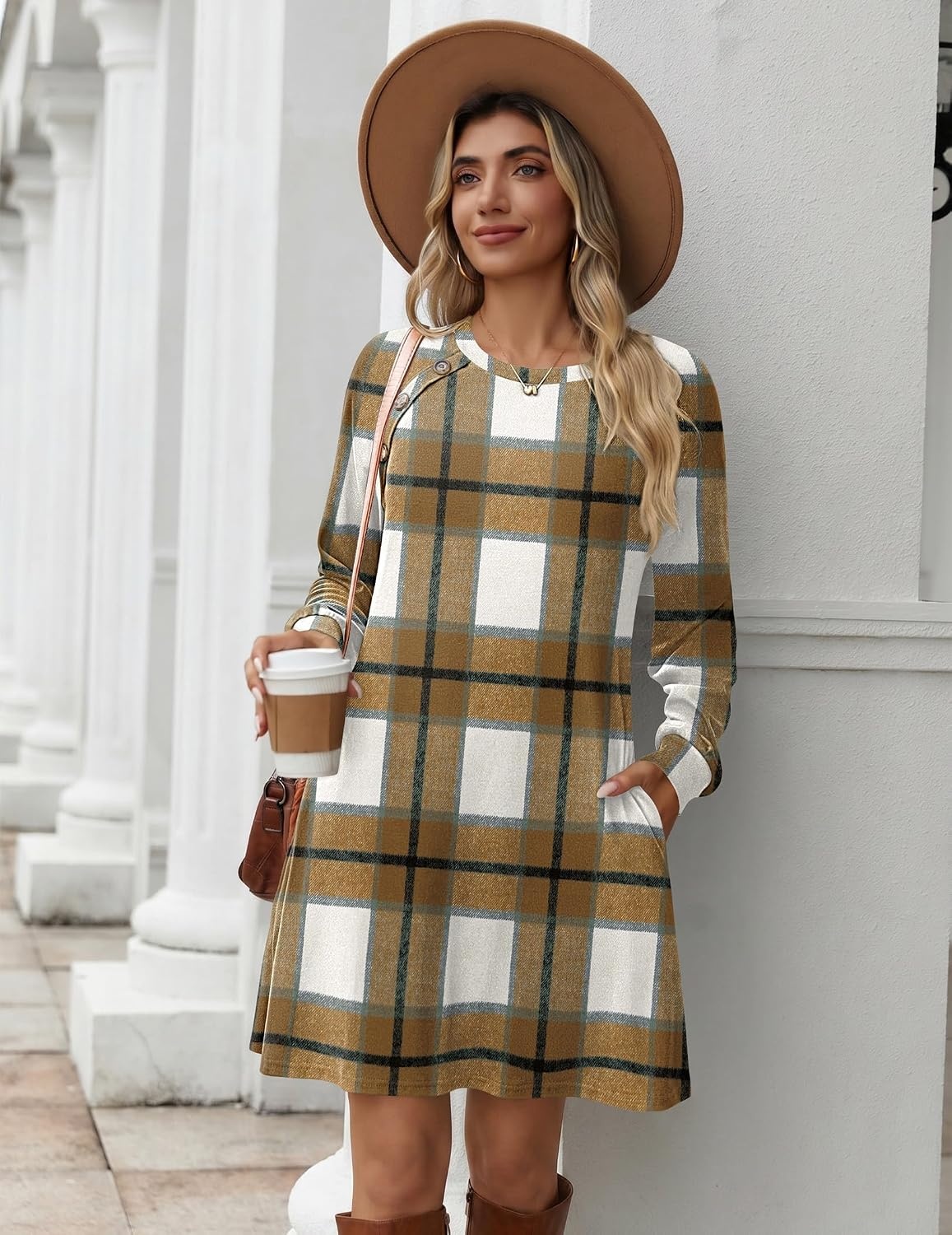 image:imageZeagoo Womens Long Sleeve Tunic Dress Side Button Crew Neck Casual Flowy Fall Winter ALine Dress with PocketsA02browm Plaid