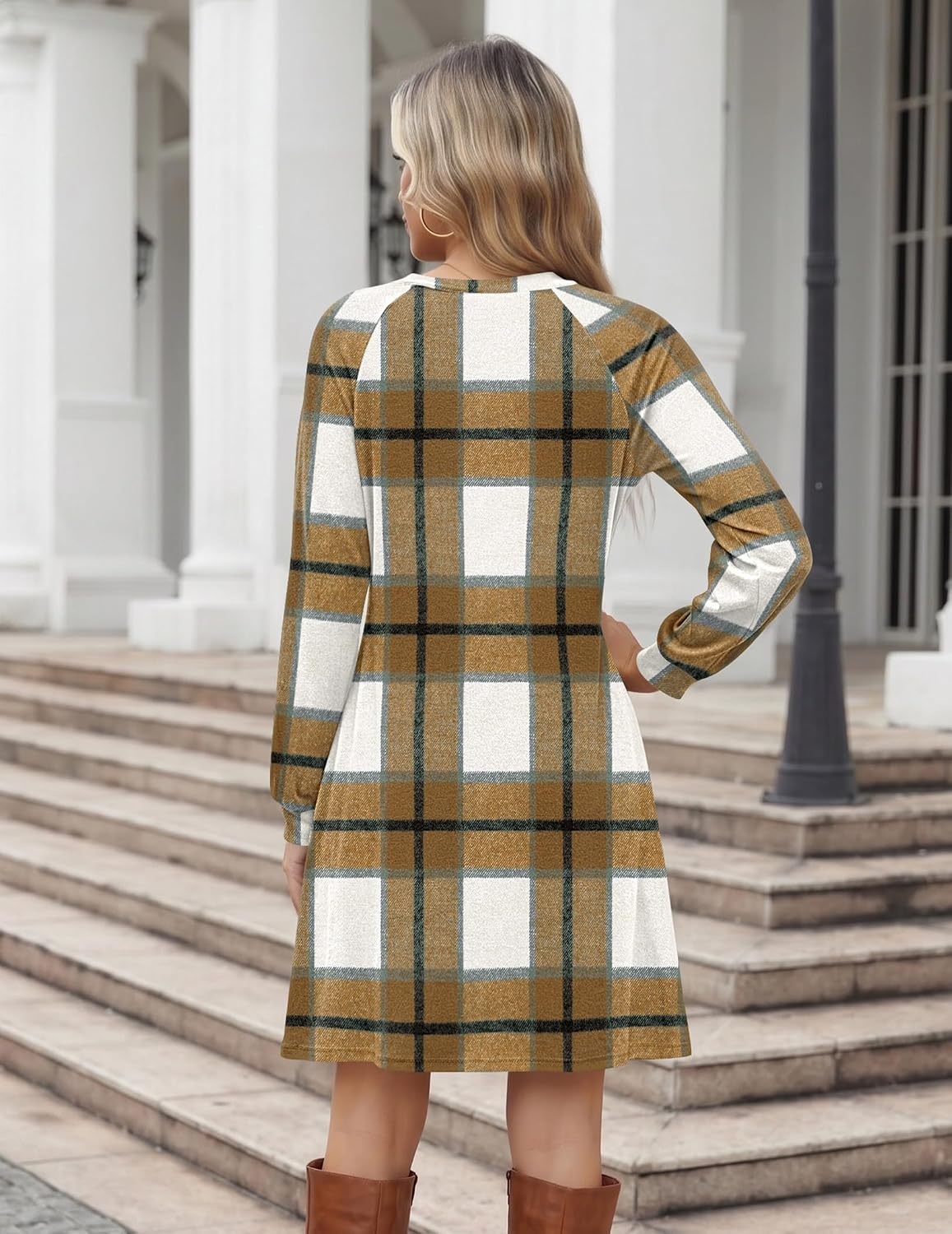 image:imageZeagoo Womens Long Sleeve Tunic Dress Side Button Crew Neck Casual Flowy Fall Winter ALine Dress with PocketsA02browm Plaid