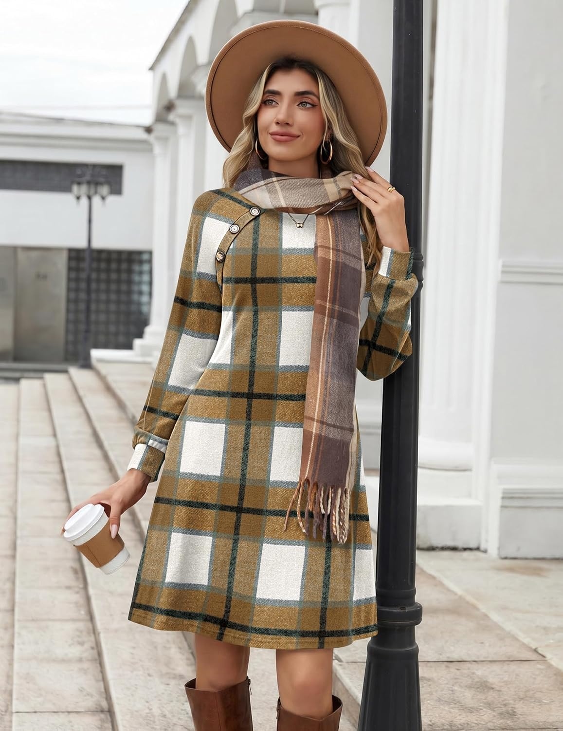 image:imageZeagoo Womens Long Sleeve Tunic Dress Side Button Crew Neck Casual Flowy Fall Winter ALine Dress with PocketsA02browm Plaid