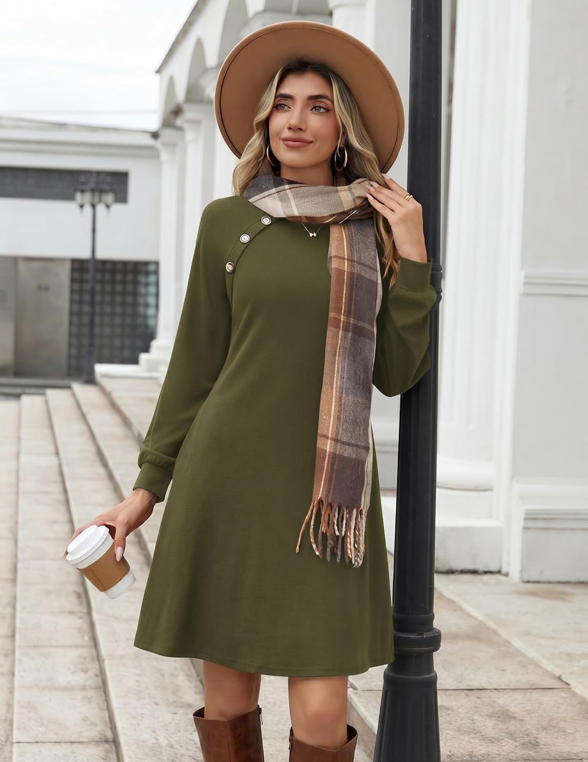 image:imageZeagoo Womens Long Sleeve Tunic Dress Side Button Crew Neck Casual Flowy Fall Winter ALine Dress with PocketsArmy Green
