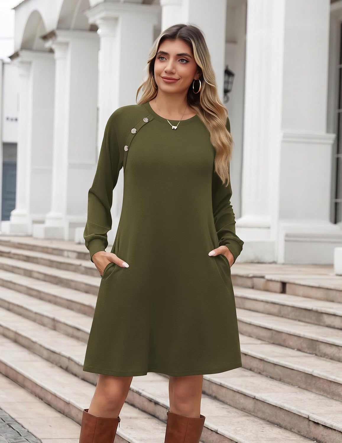 image:imageZeagoo Womens Long Sleeve Tunic Dress Side Button Crew Neck Casual Flowy Fall Winter ALine Dress with PocketsArmy Green