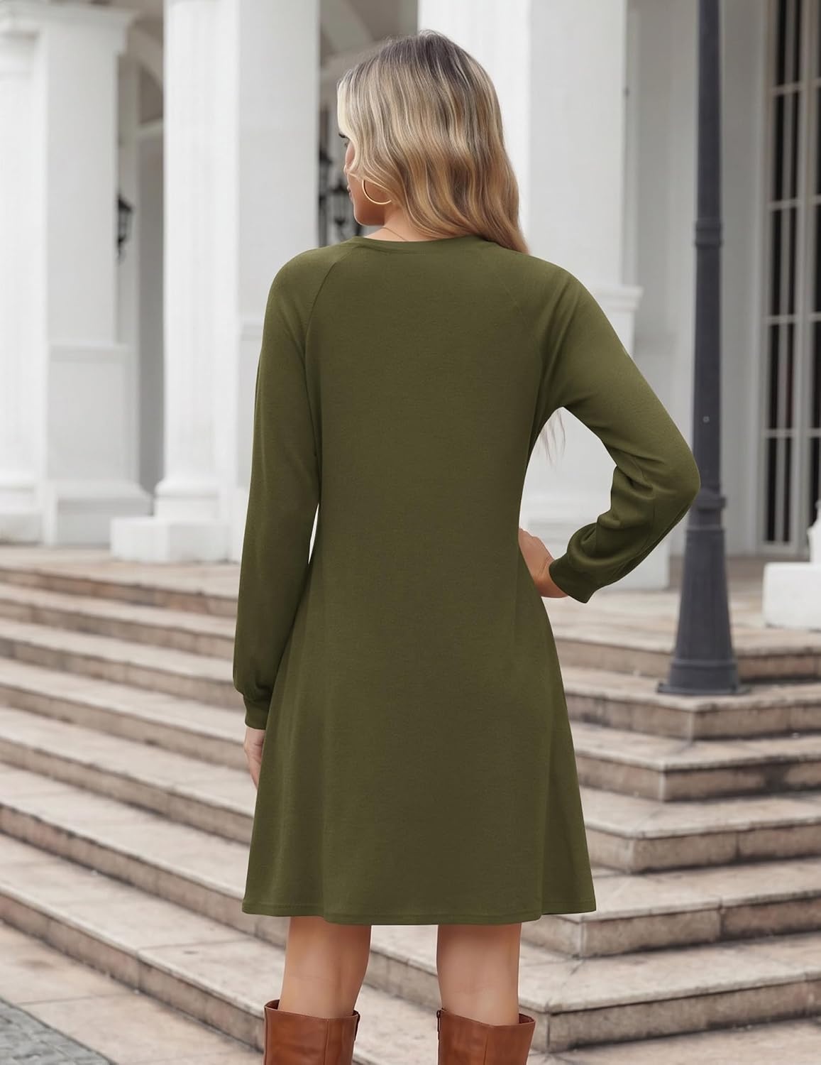 image:imageZeagoo Womens Long Sleeve Tunic Dress Side Button Crew Neck Casual Flowy Fall Winter ALine Dress with PocketsArmy Green