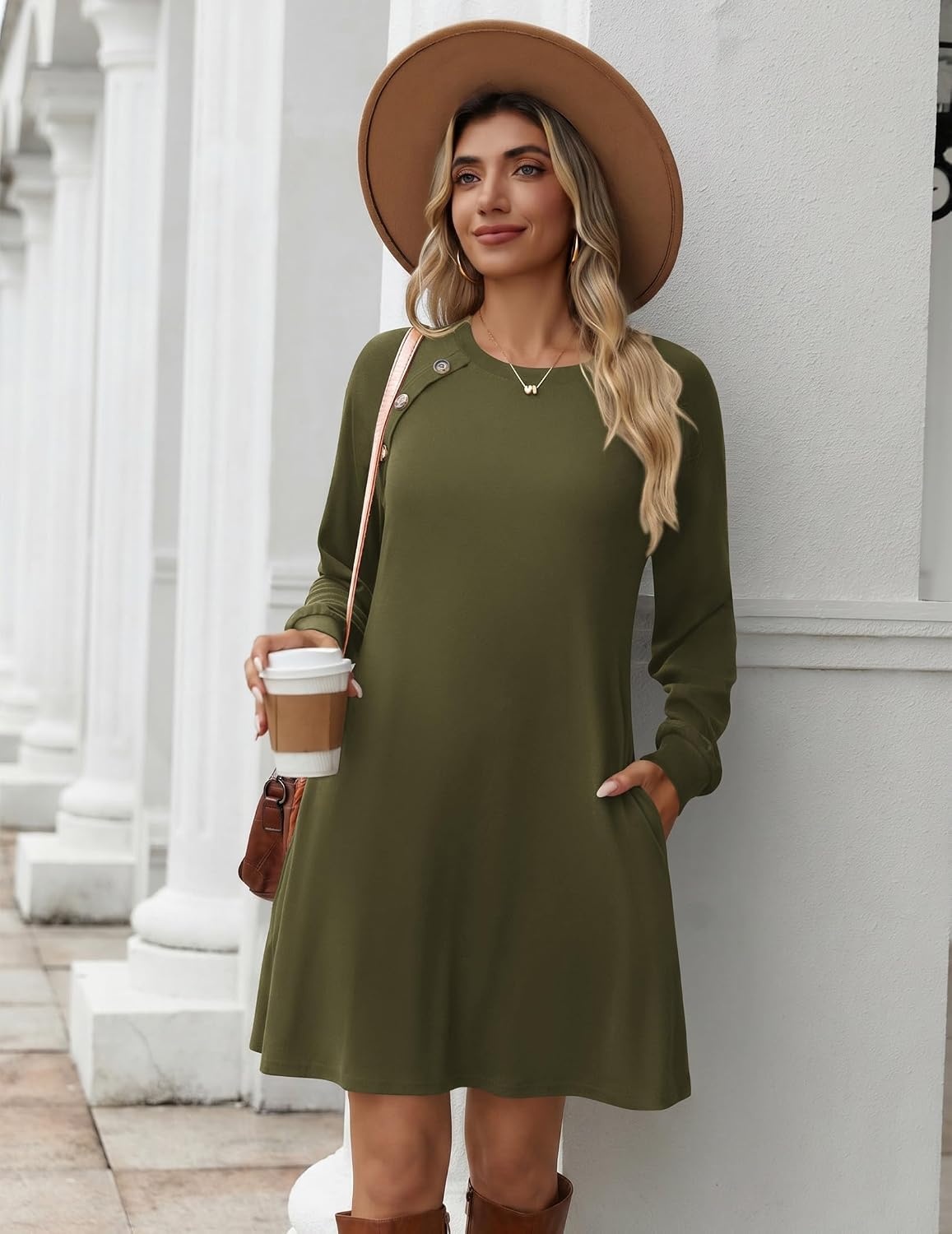 image:imageZeagoo Womens Long Sleeve Tunic Dress Side Button Crew Neck Casual Flowy Fall Winter ALine Dress with PocketsArmy Green