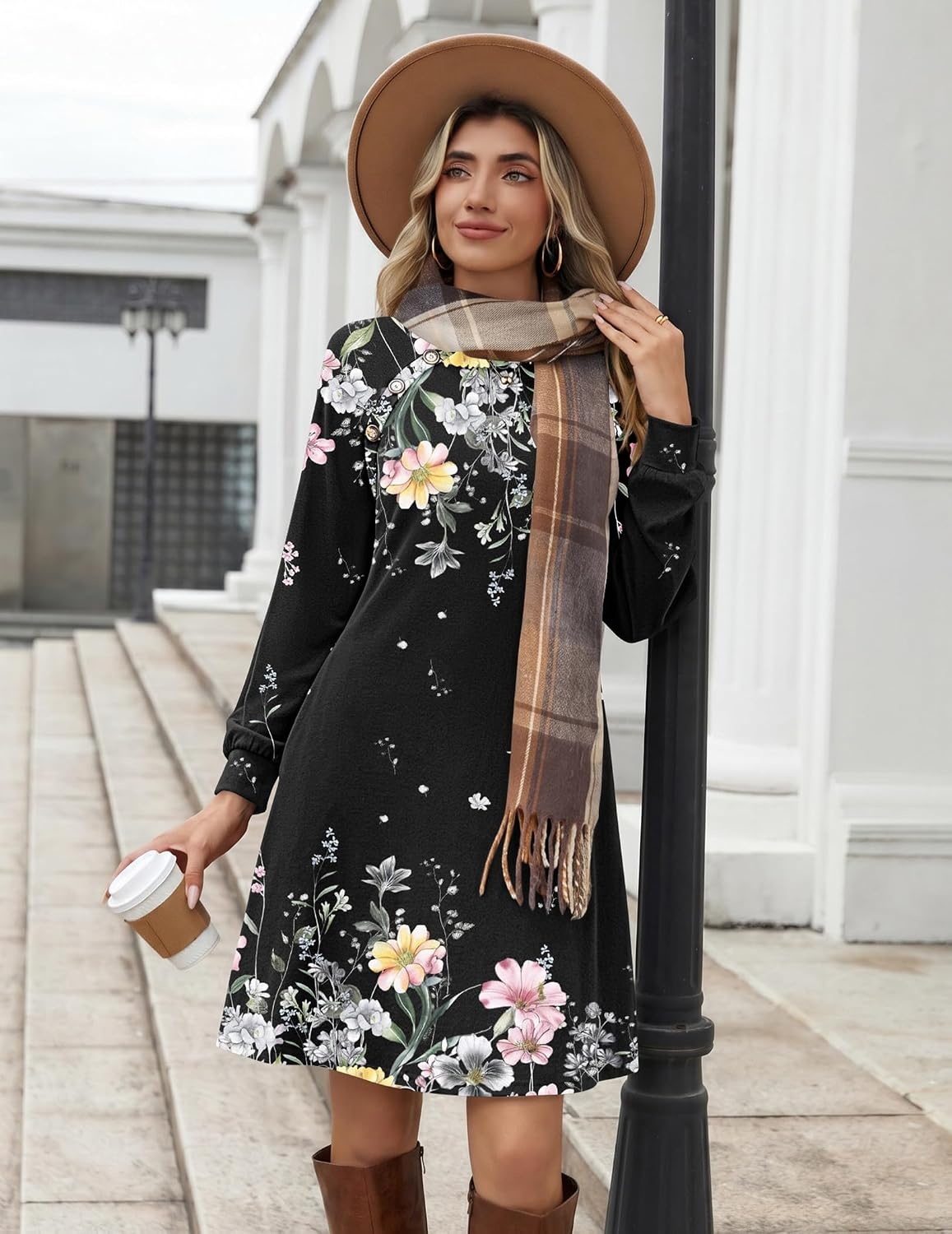 image:imageZeagoo Womens Long Sleeve Tunic Dress Side Button Crew Neck Casual Flowy Fall Winter ALine Dress with PocketsBlack Floral