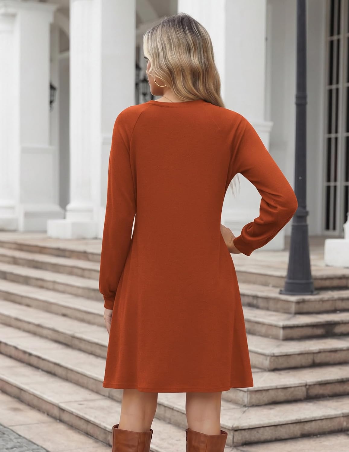 image:imageZeagoo Womens Long Sleeve Tunic Dress Side Button Crew Neck Casual Flowy Fall Winter ALine Dress with PocketsCaramel